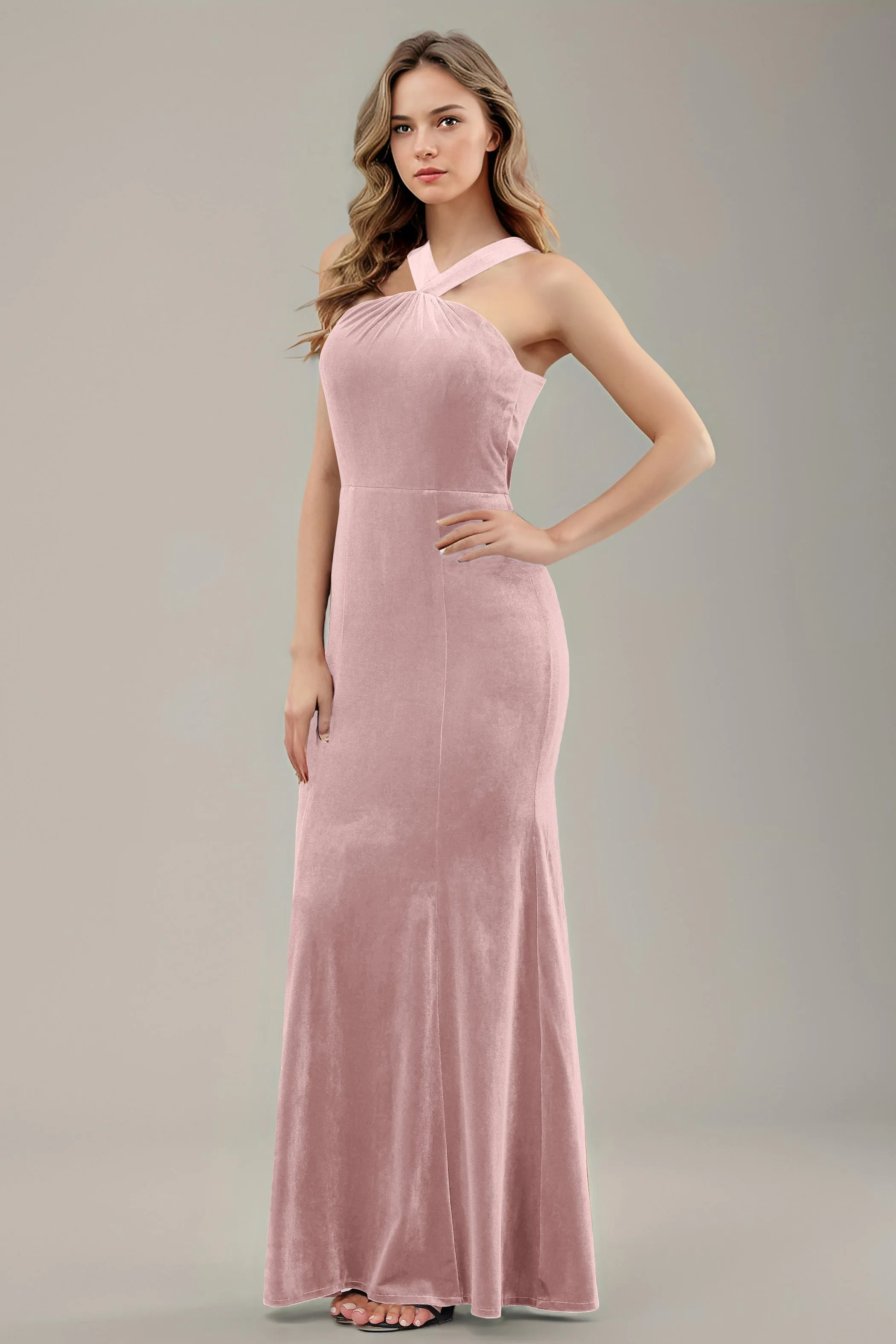 Sheath Halter Sleeveless Backless Velvet Bridesmaid Dresses