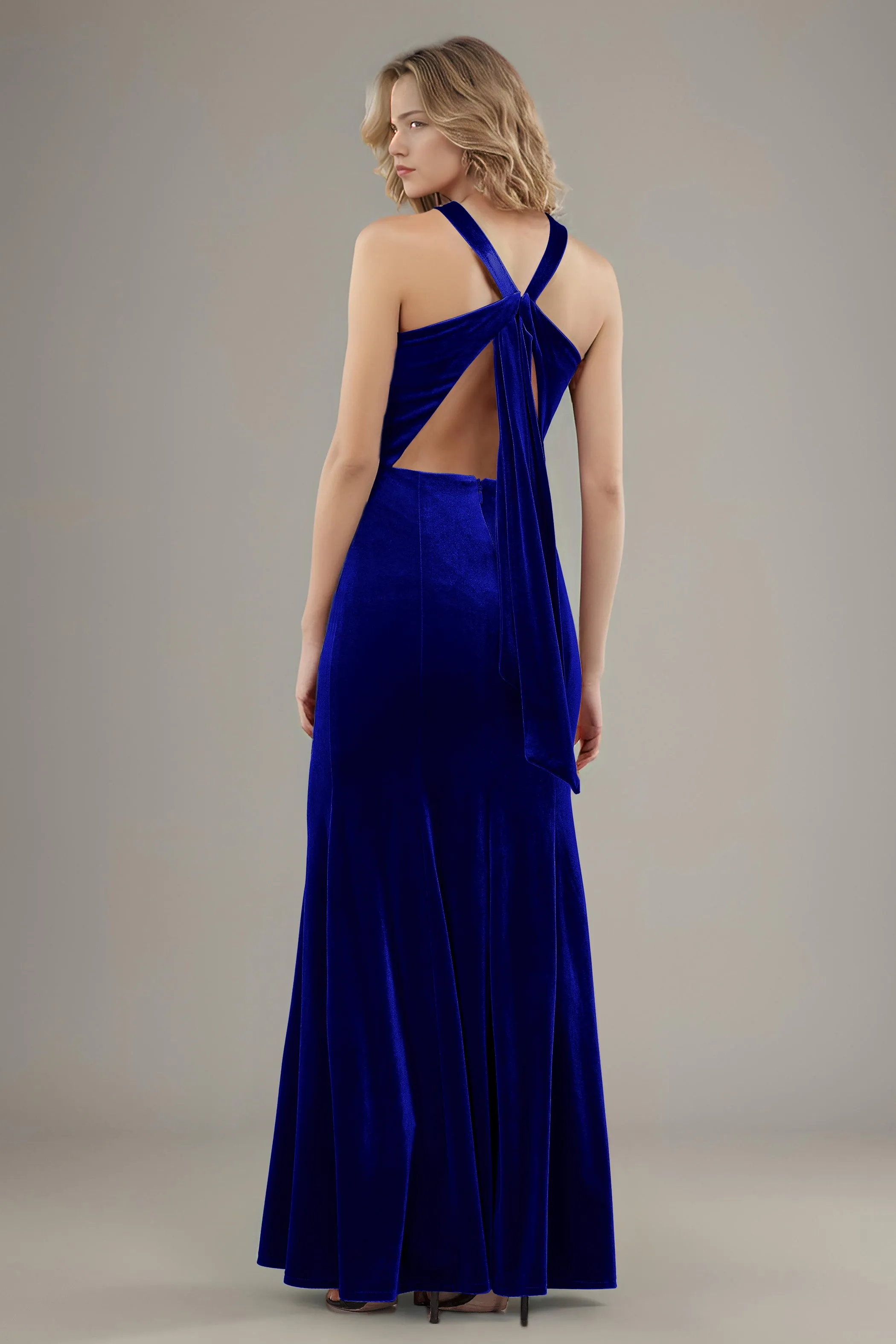 Sheath Halter Sleeveless Backless Velvet Bridesmaid Dresses