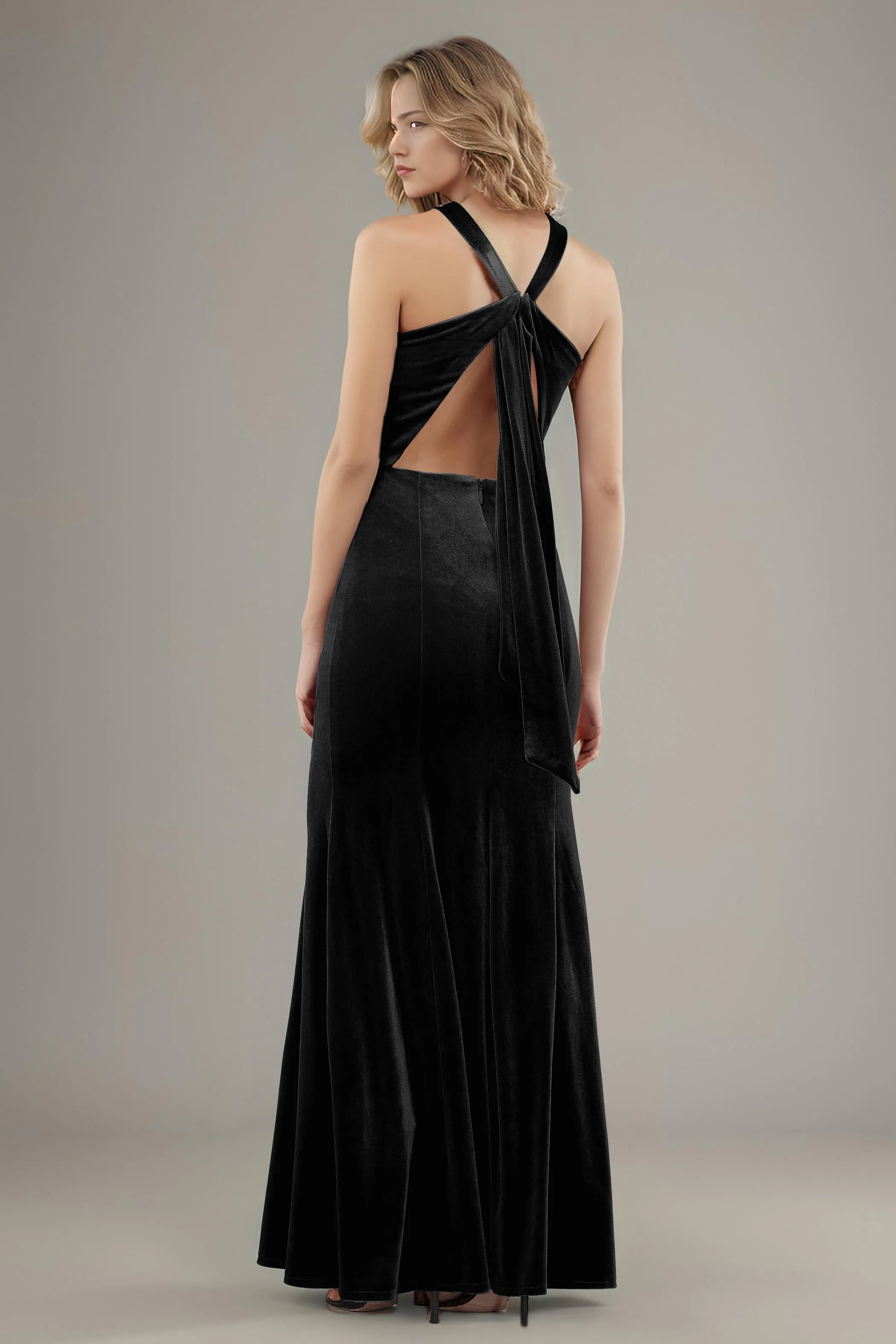 Sheath Halter Sleeveless Backless Velvet Bridesmaid Dresses