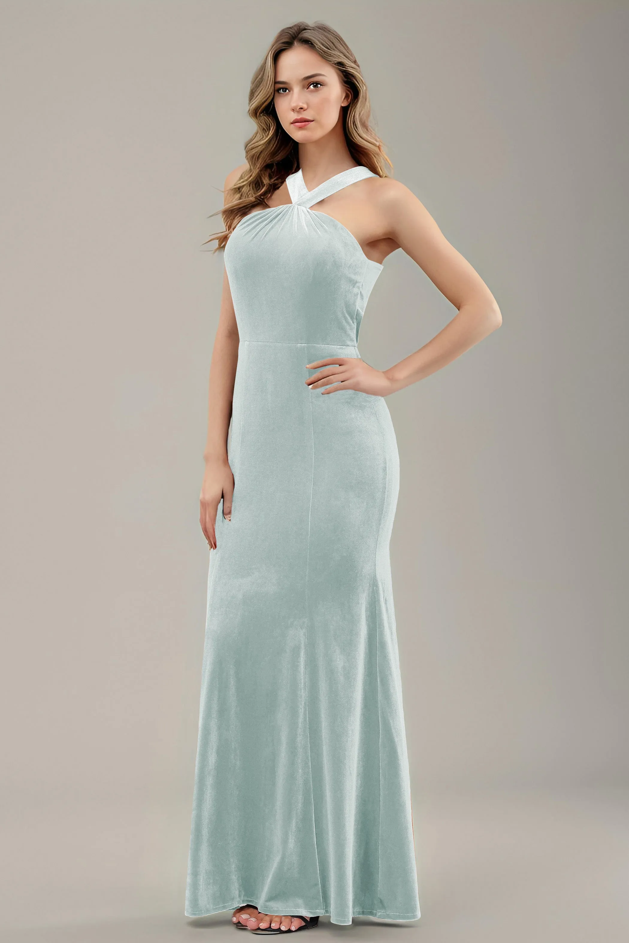 Sheath Halter Sleeveless Backless Velvet Bridesmaid Dresses