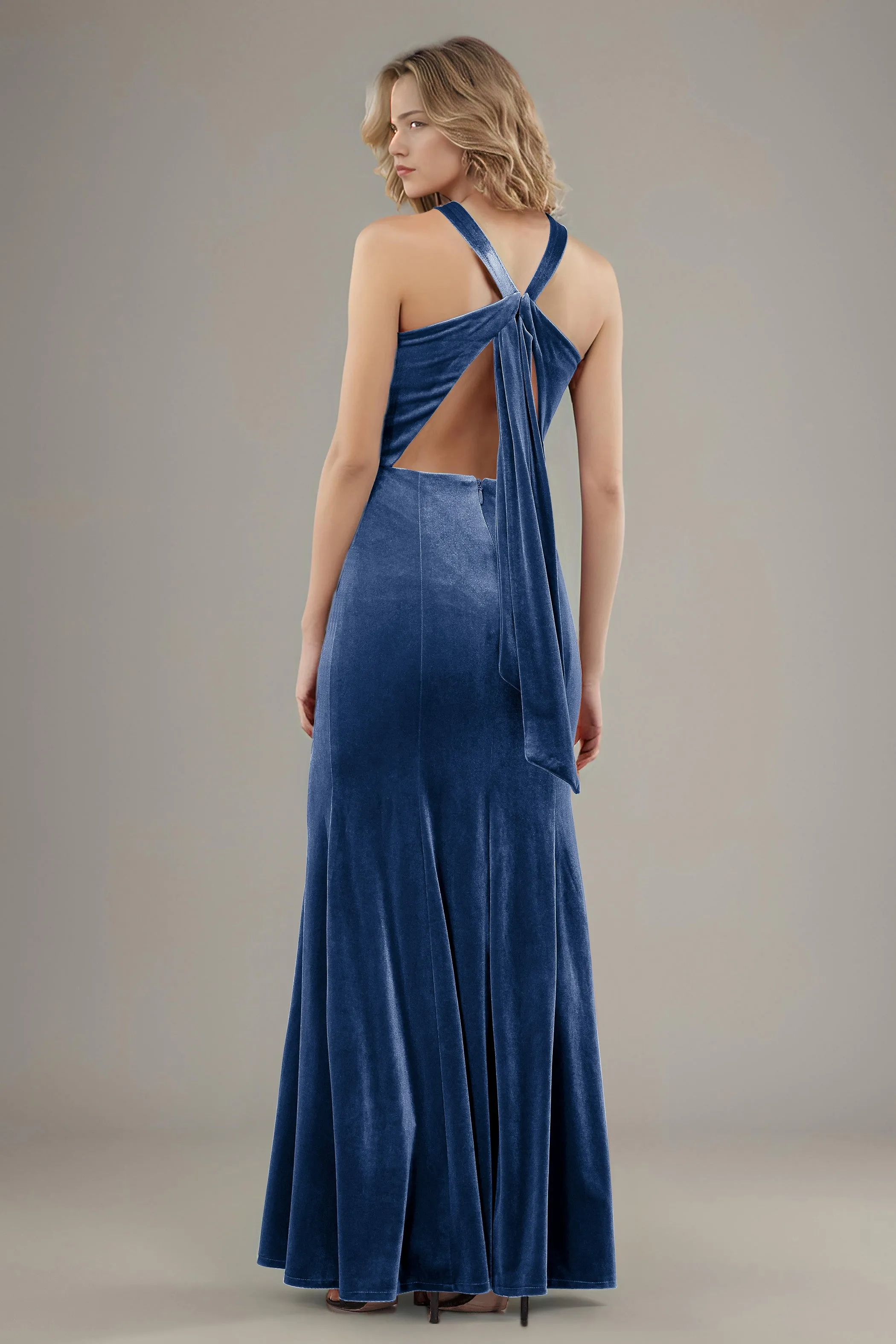 Sheath Halter Sleeveless Backless Velvet Bridesmaid Dresses