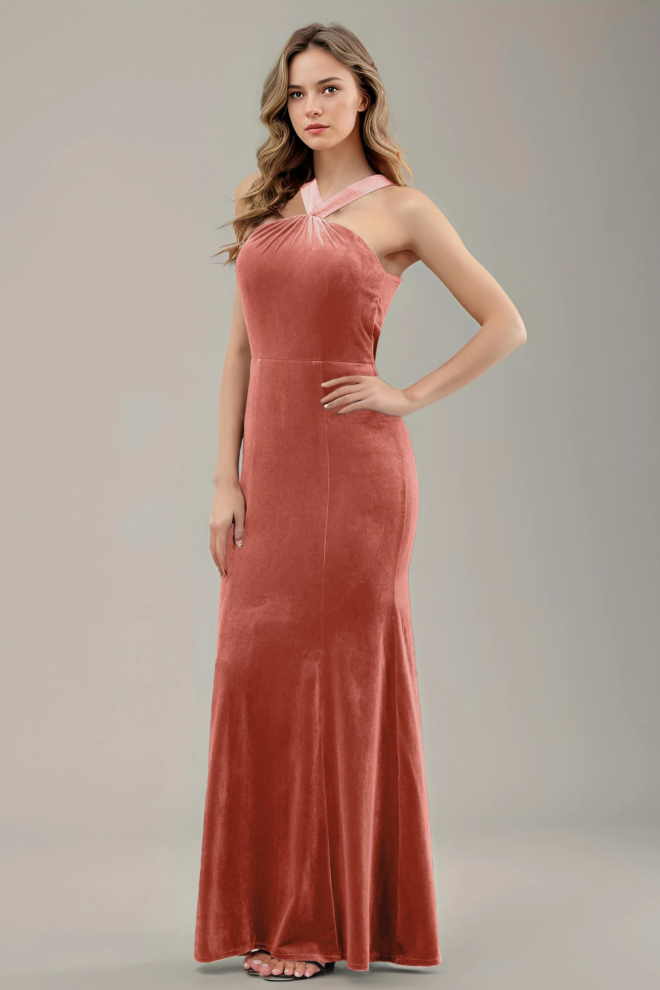 Sheath Halter Sleeveless Backless Velvet Bridesmaid Dresses