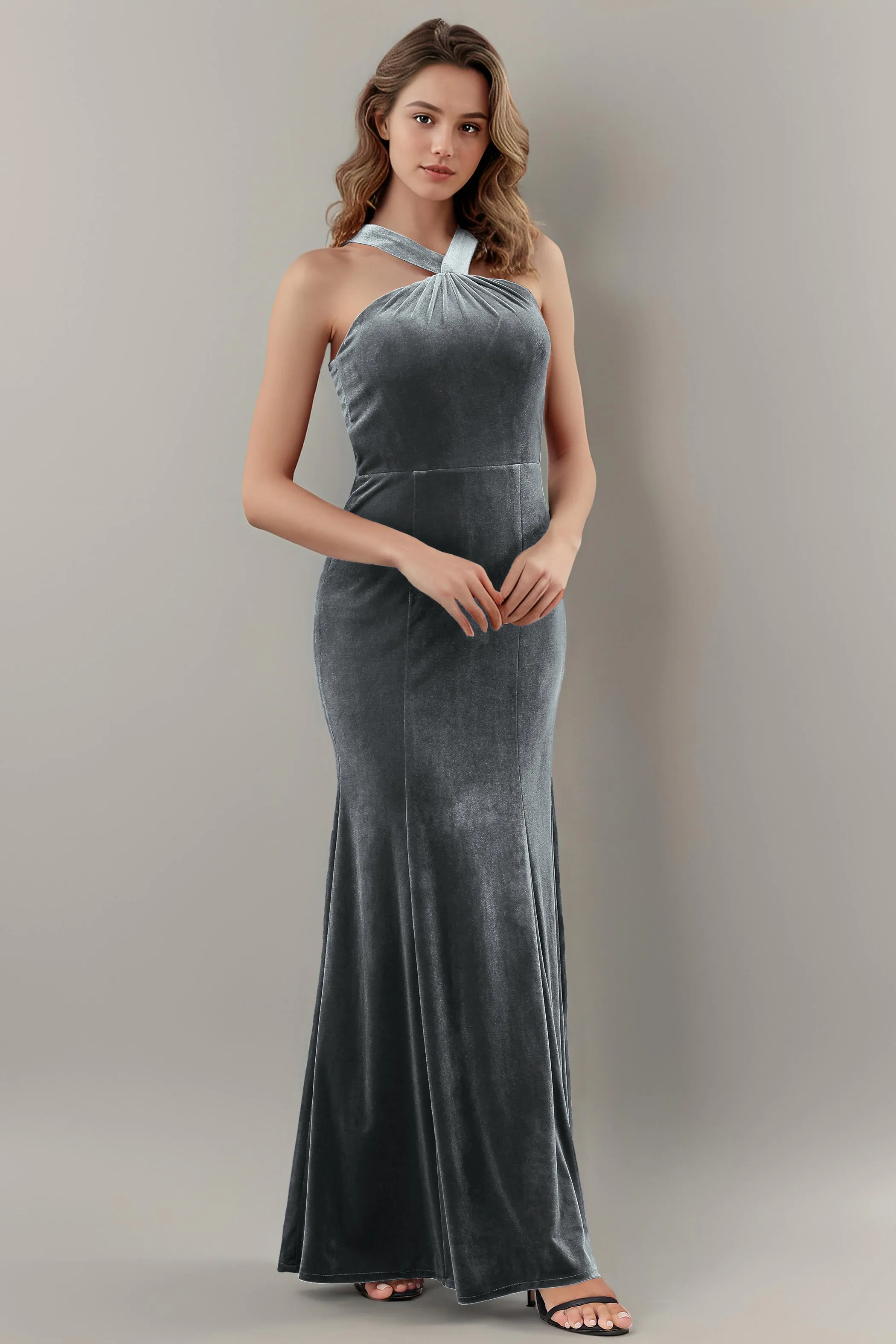 Sheath Halter Sleeveless Backless Velvet Bridesmaid Dresses