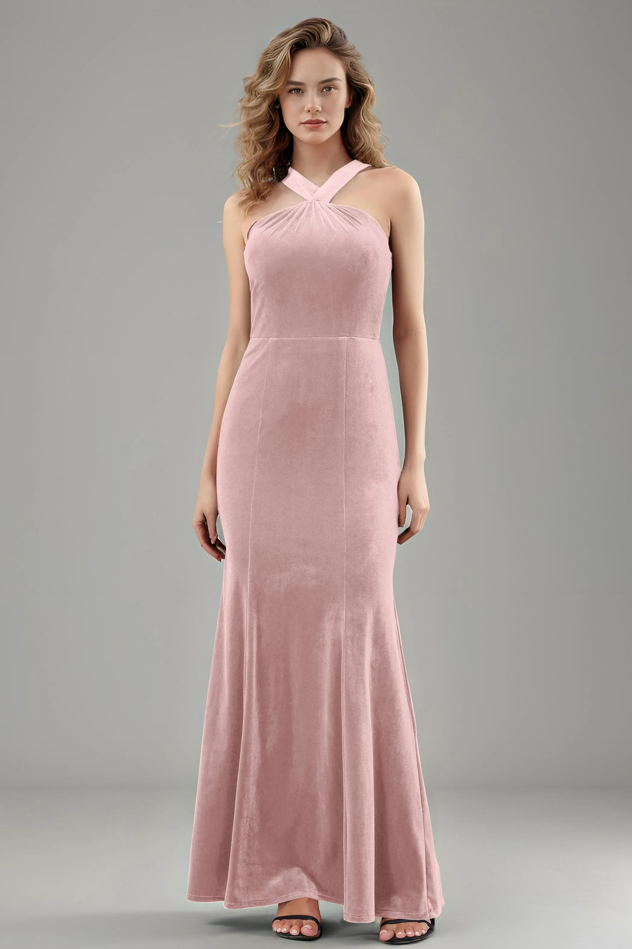 Sheath Halter Sleeveless Backless Velvet Bridesmaid Dresses