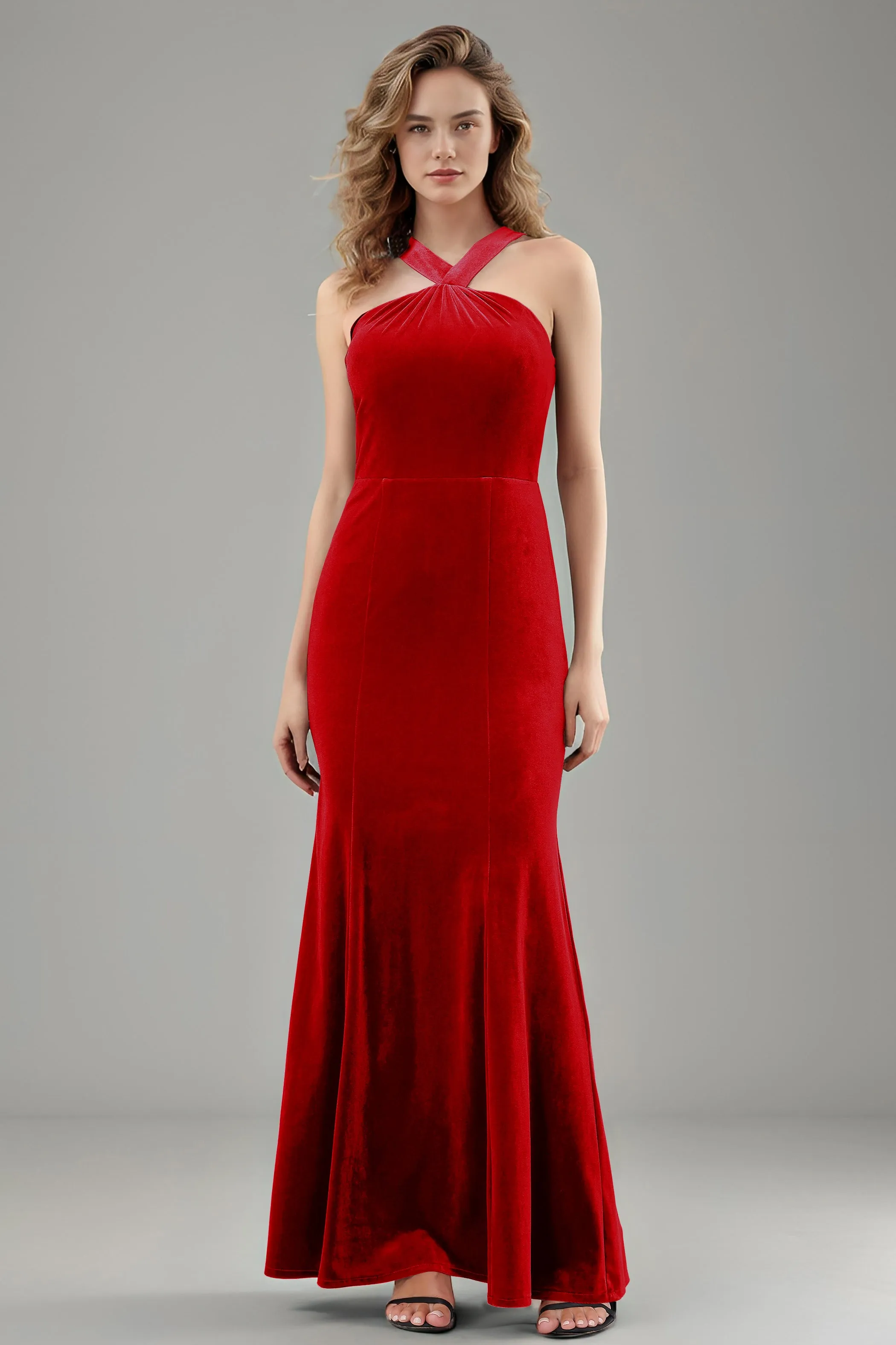 Sheath Halter Sleeveless Backless Velvet Bridesmaid Dresses