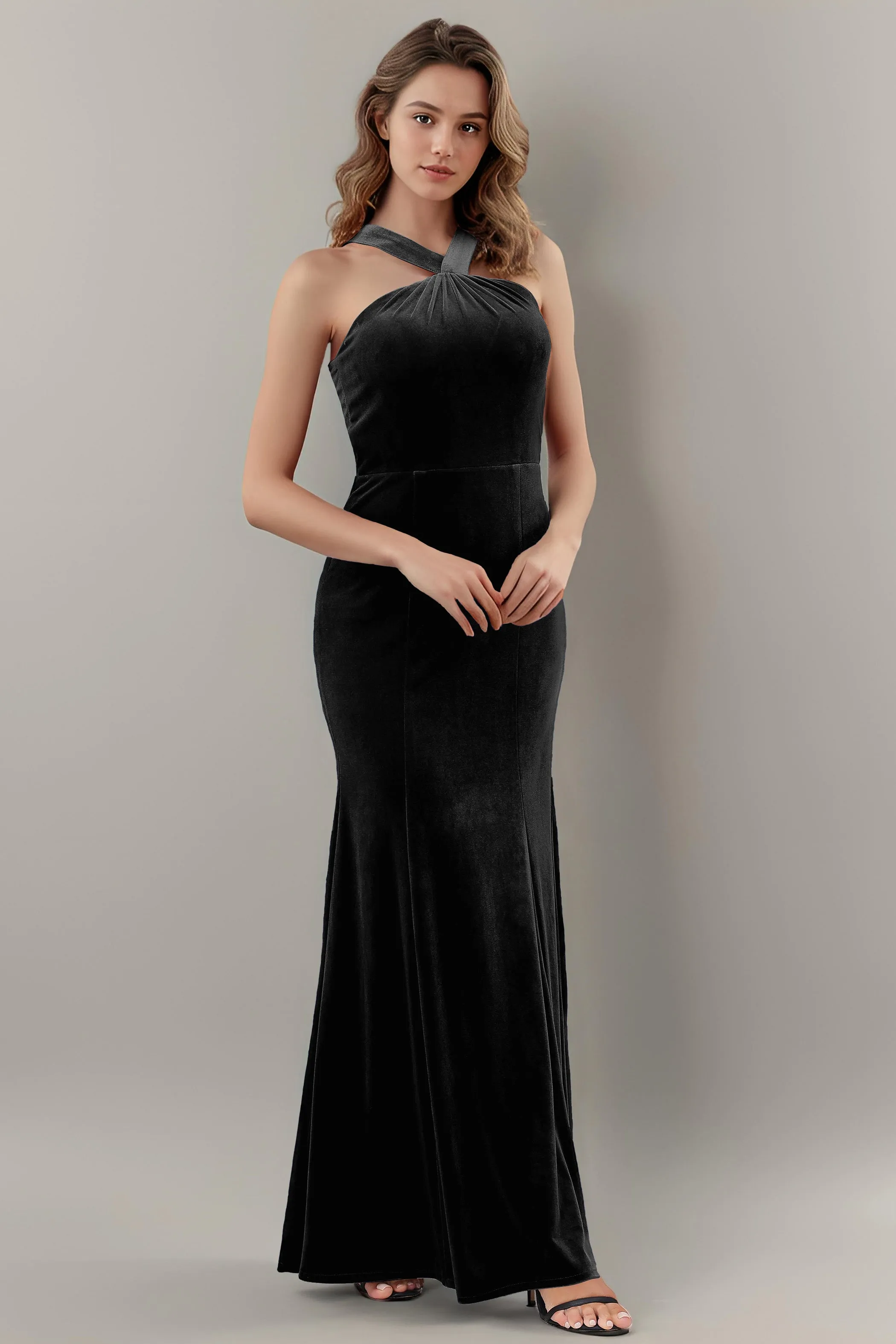 Sheath Halter Sleeveless Backless Velvet Bridesmaid Dresses