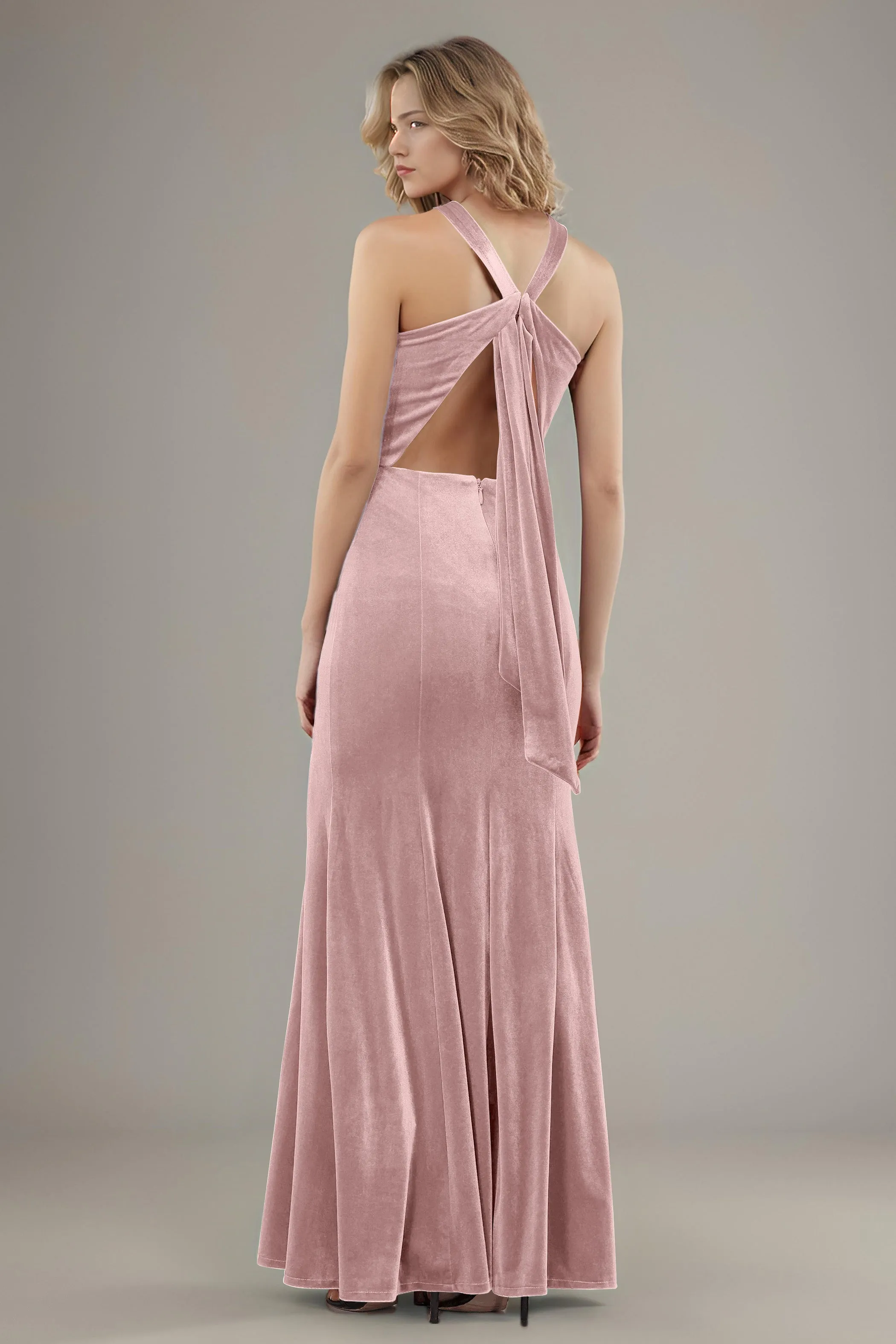 Sheath Halter Sleeveless Backless Velvet Bridesmaid Dresses