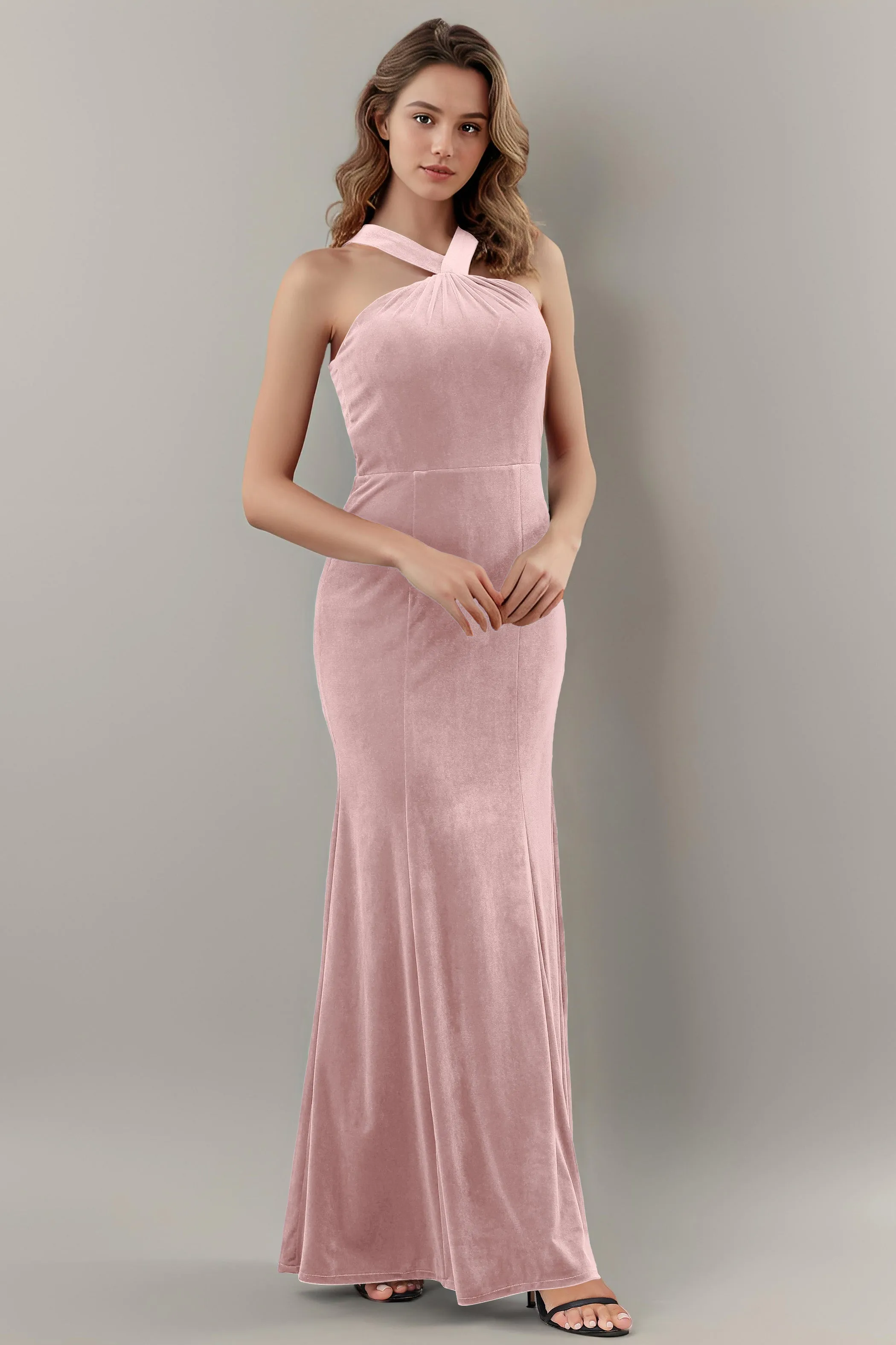 Sheath Halter Sleeveless Backless Velvet Bridesmaid Dresses