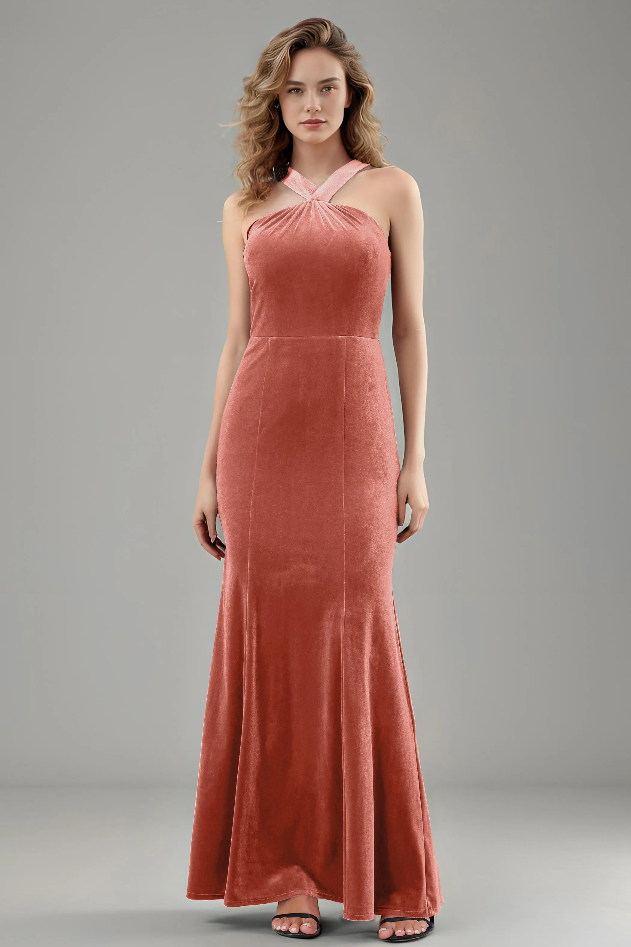 Sheath Halter Sleeveless Backless Velvet Bridesmaid Dresses