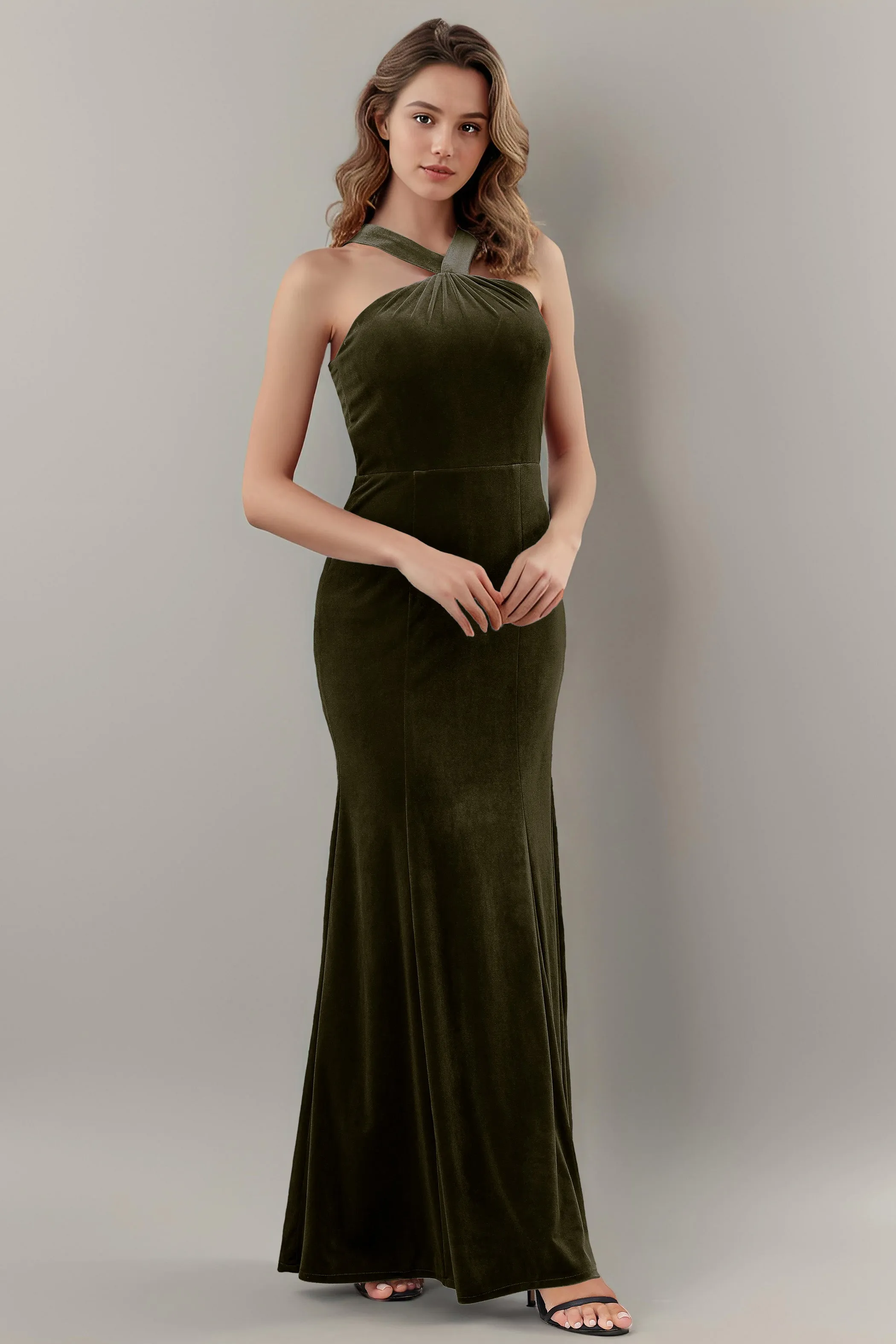 Sheath Halter Sleeveless Backless Velvet Bridesmaid Dresses