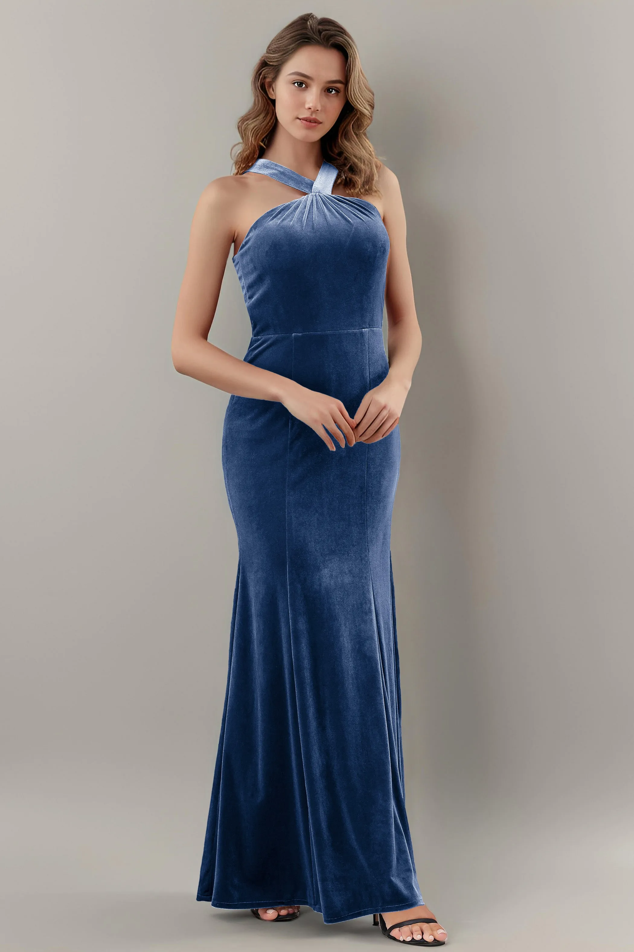 Sheath Halter Sleeveless Backless Velvet Bridesmaid Dresses