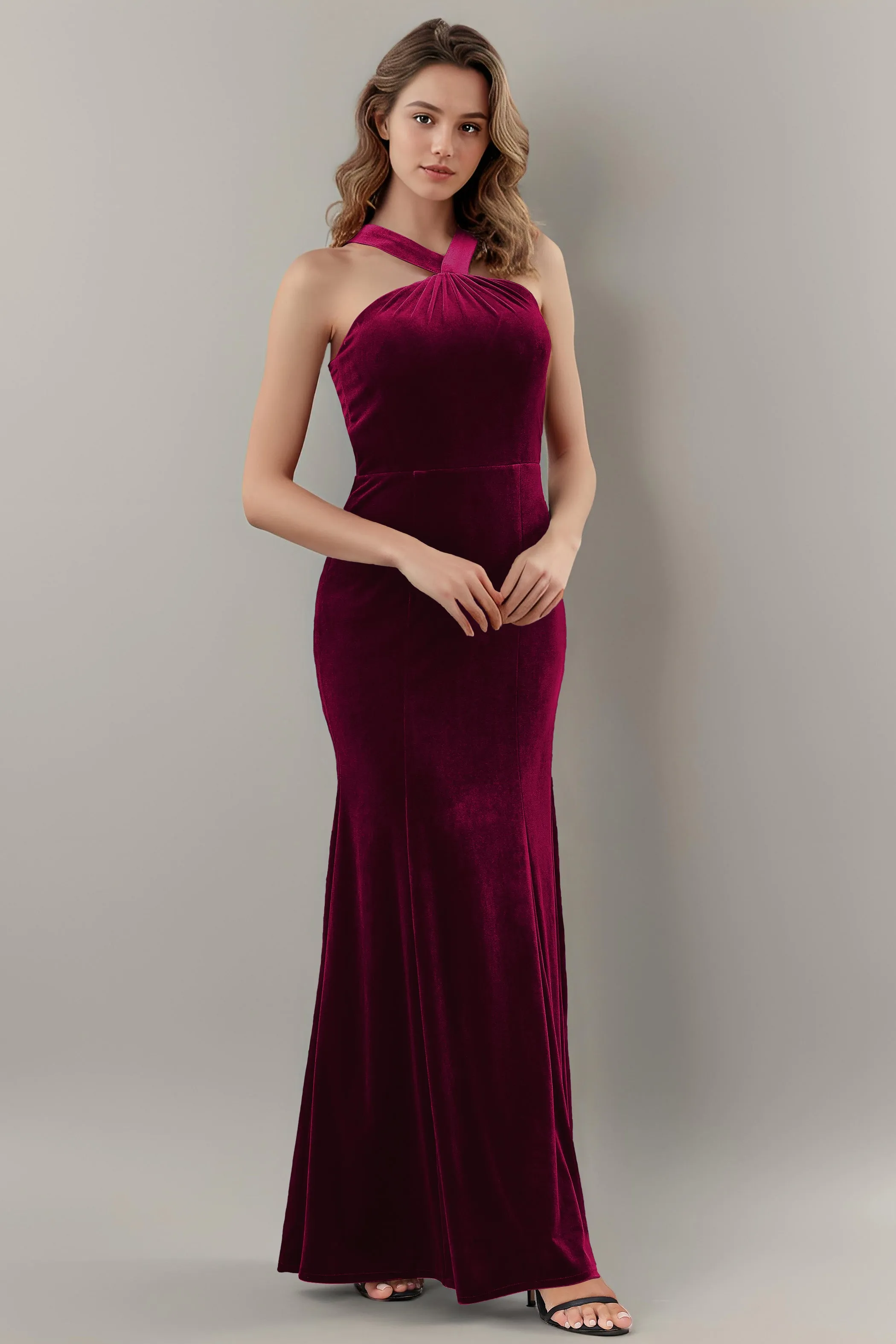 Sheath Halter Sleeveless Backless Velvet Bridesmaid Dresses