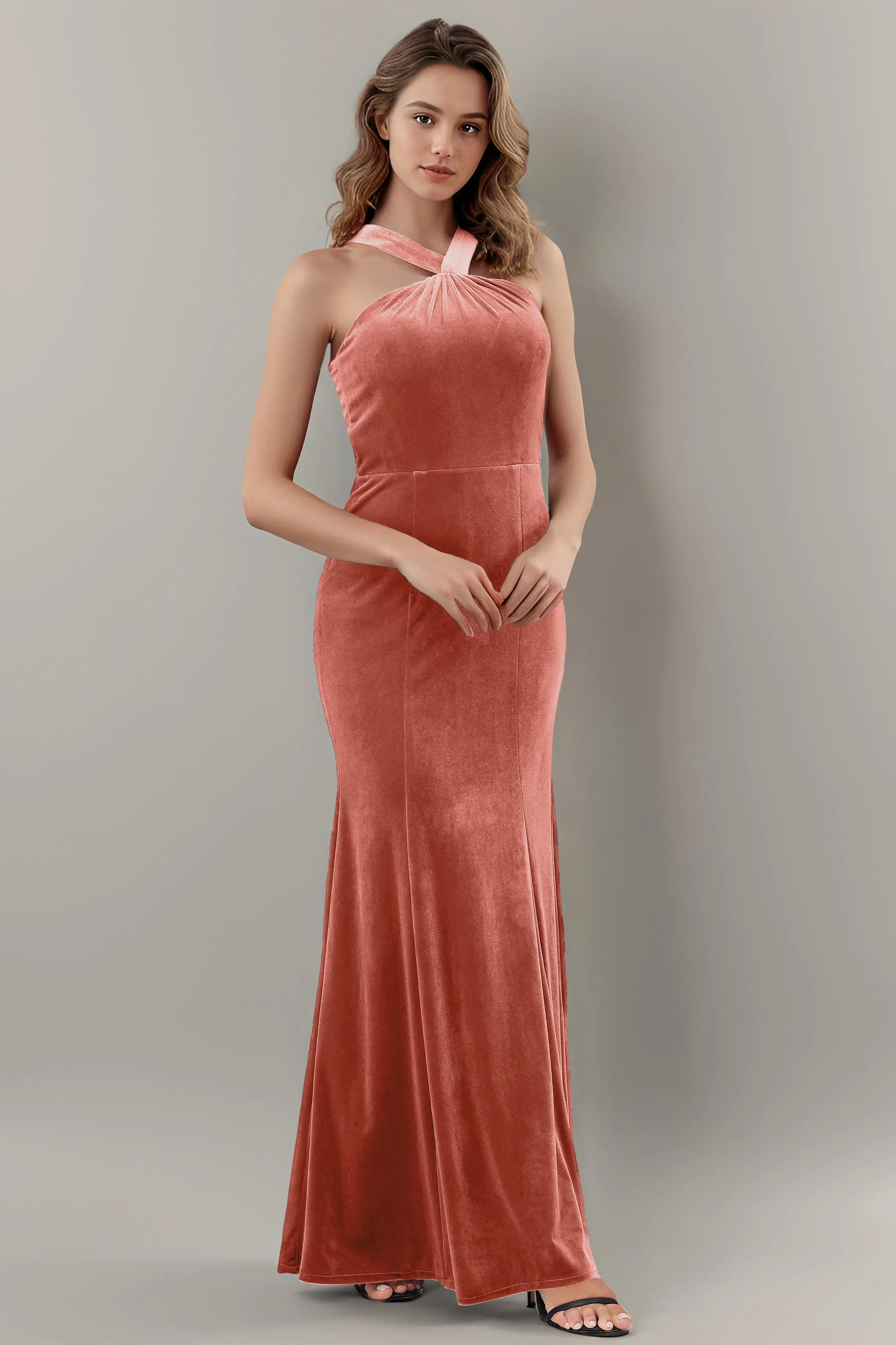 Sheath Halter Sleeveless Backless Velvet Bridesmaid Dresses