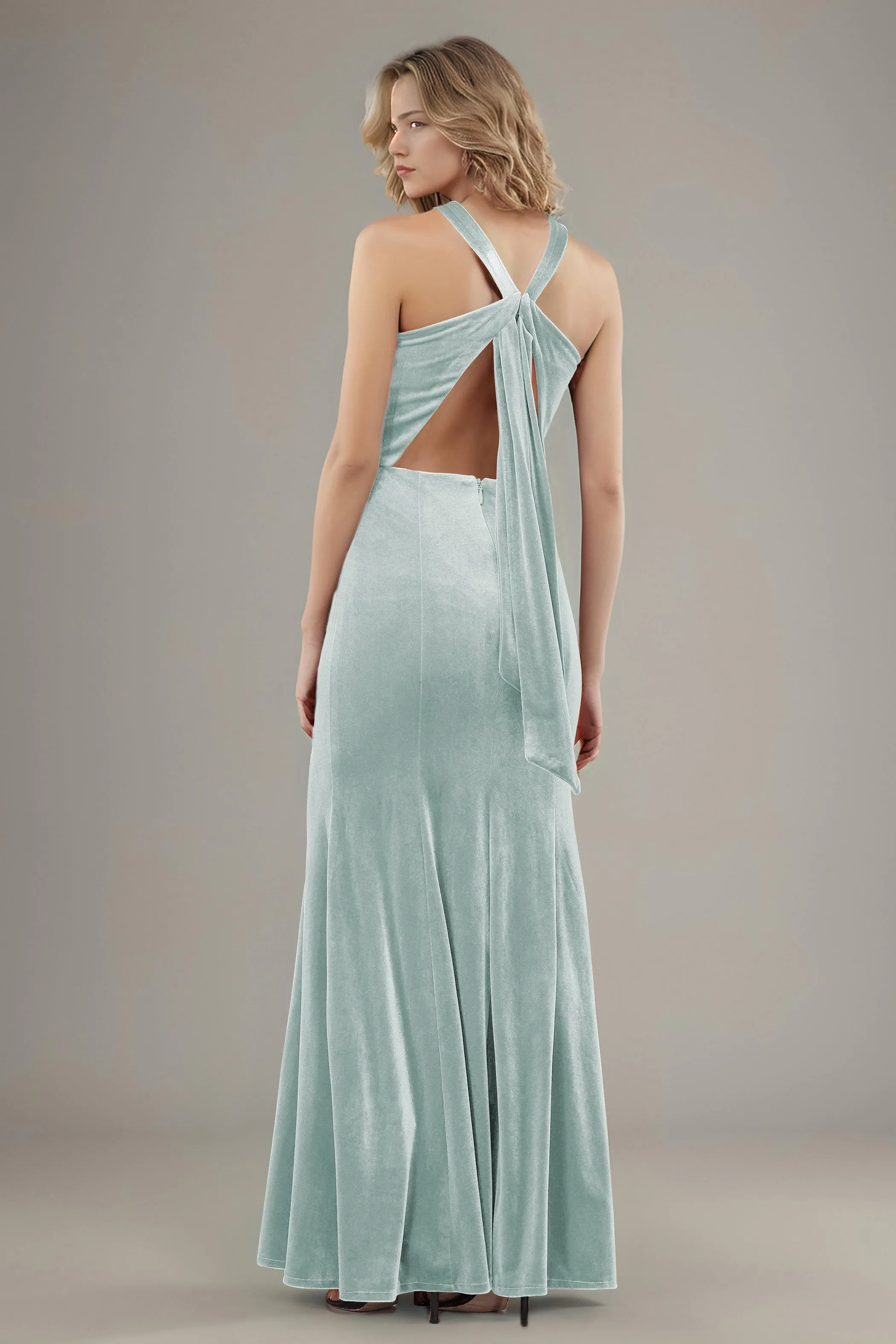 Sheath Halter Sleeveless Backless Velvet Bridesmaid Dresses