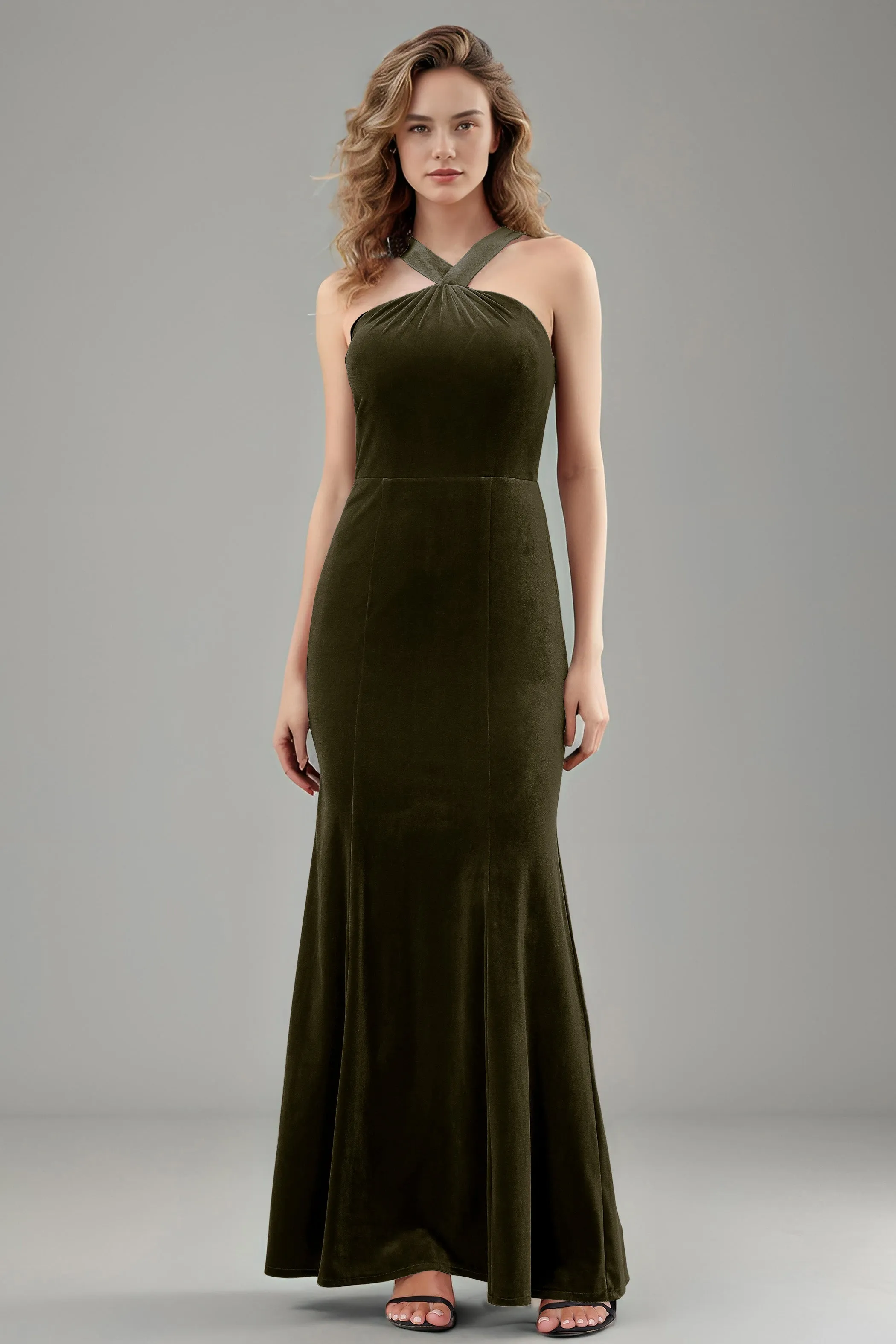 Sheath Halter Sleeveless Backless Velvet Bridesmaid Dresses