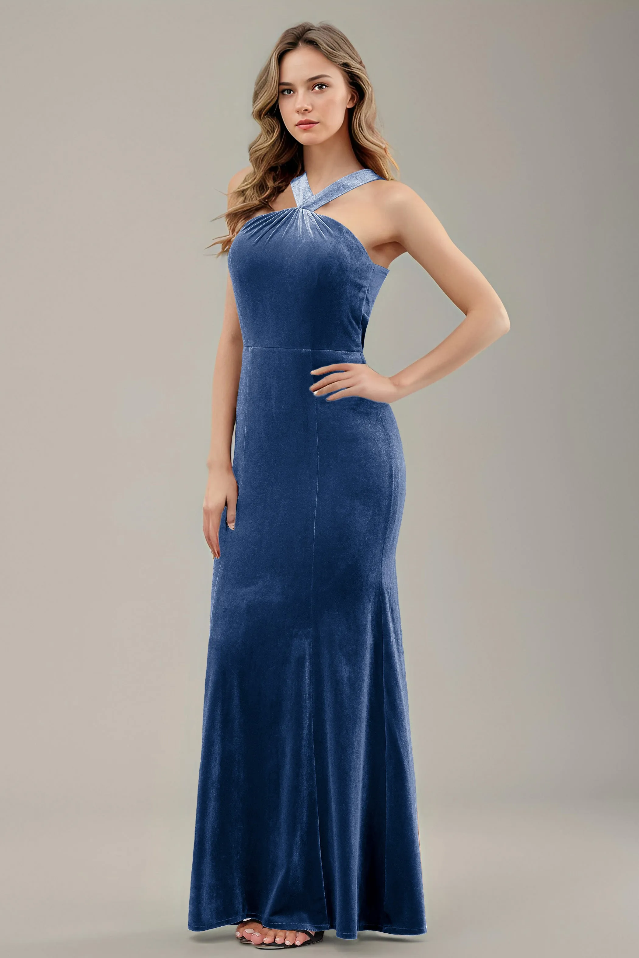 Sheath Halter Sleeveless Backless Velvet Bridesmaid Dresses