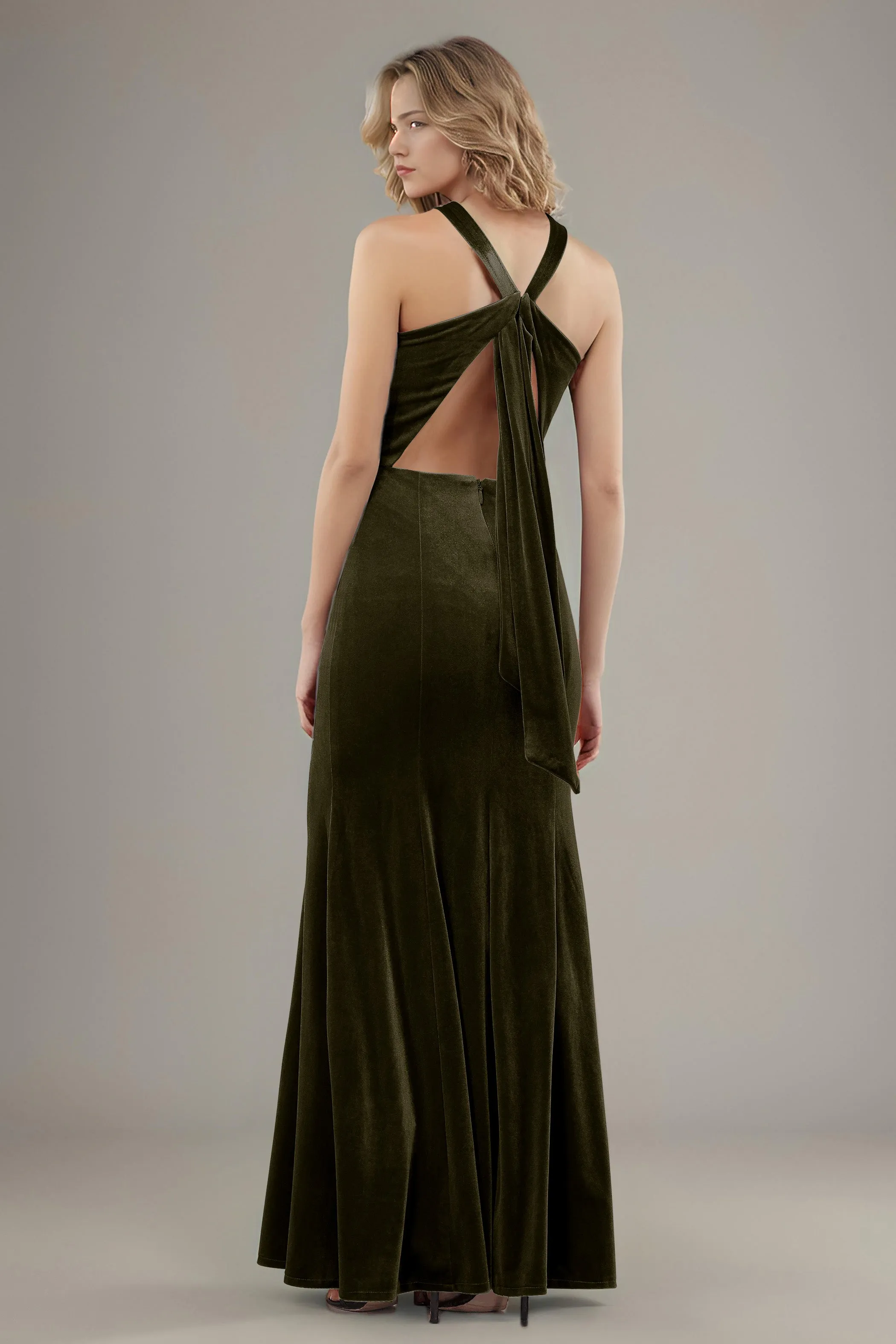 Sheath Halter Sleeveless Backless Velvet Bridesmaid Dresses