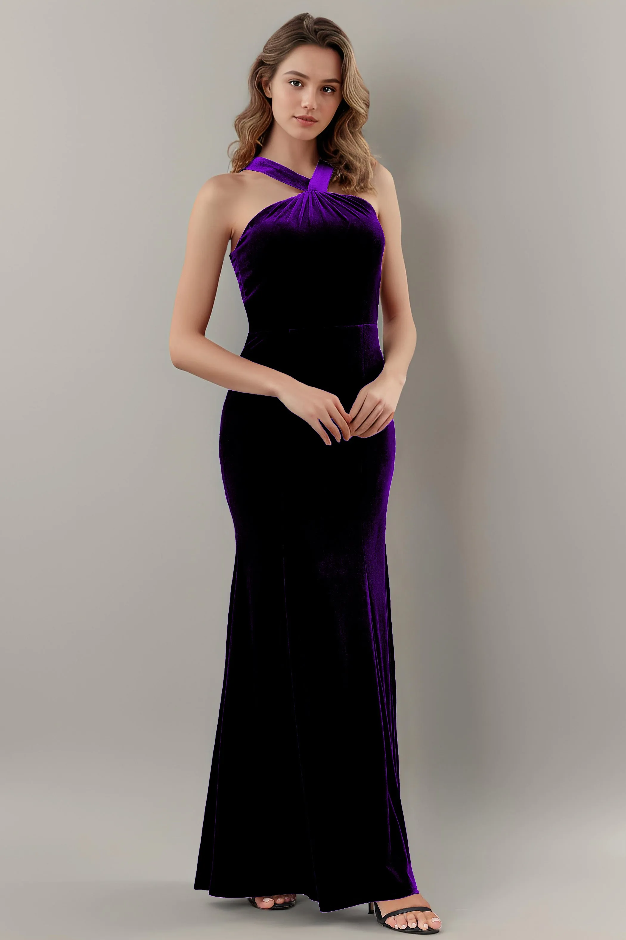 Sheath Halter Sleeveless Backless Velvet Bridesmaid Dresses