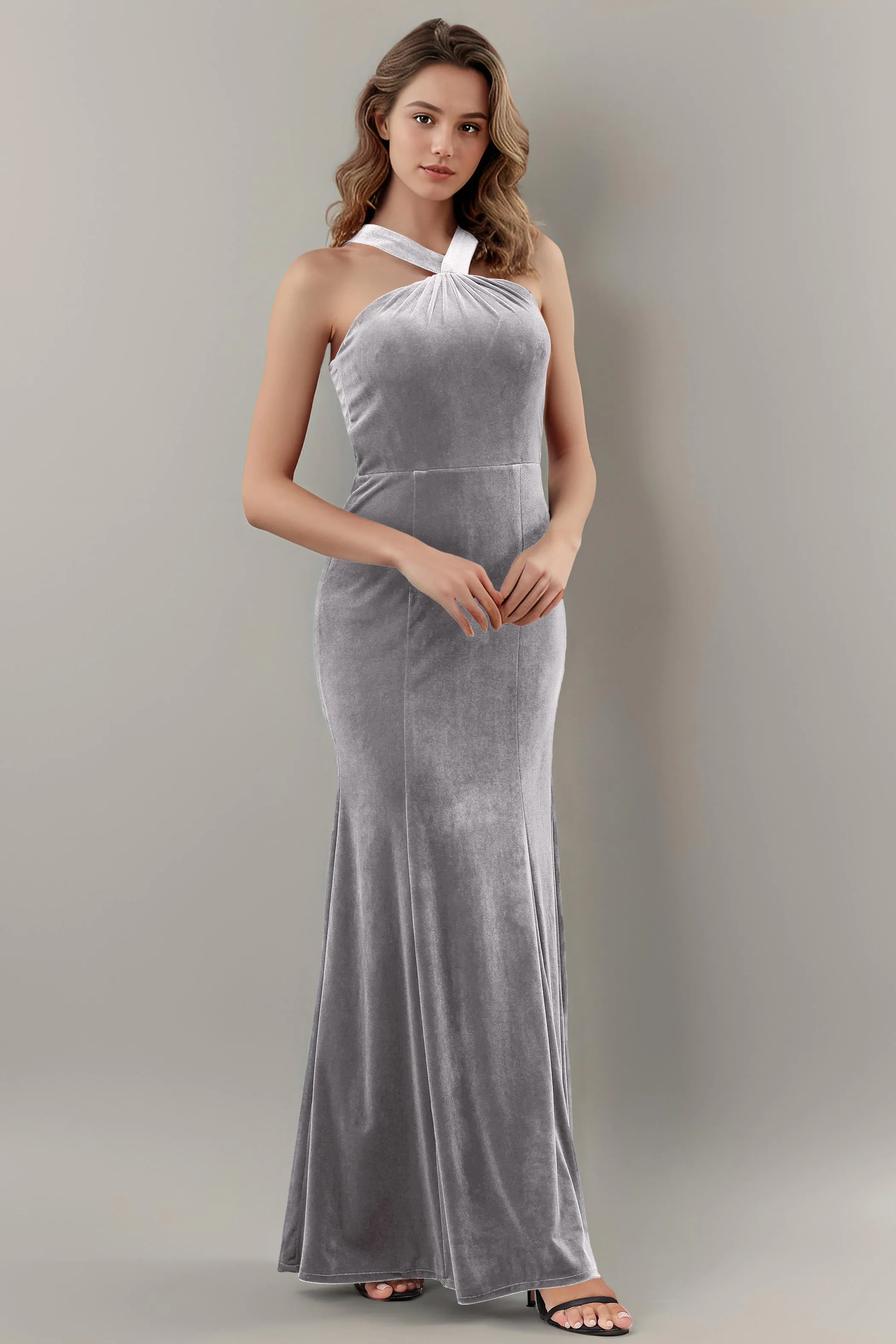 Sheath Halter Sleeveless Backless Velvet Bridesmaid Dresses