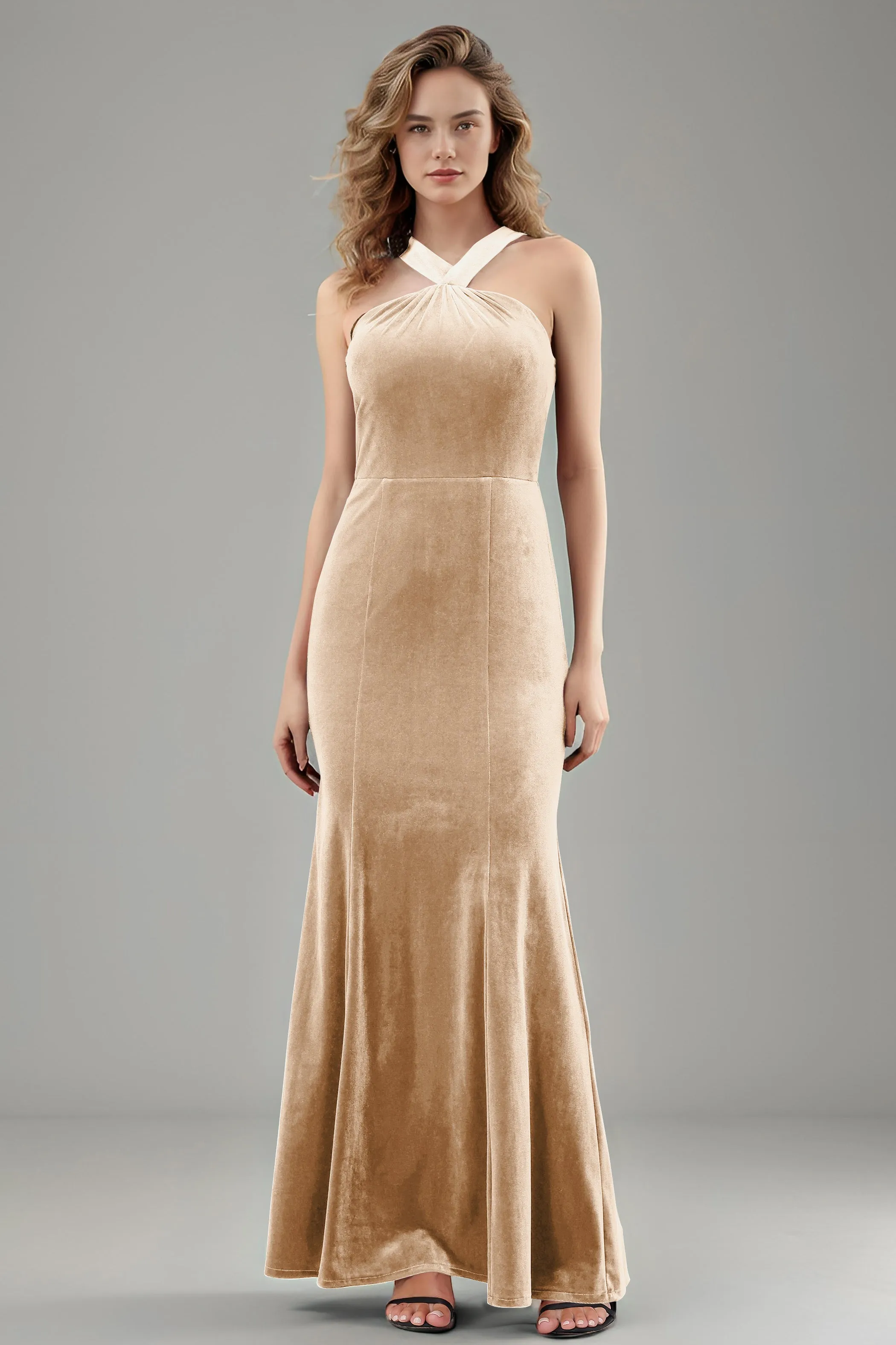 Sheath Halter Sleeveless Backless Velvet Bridesmaid Dresses