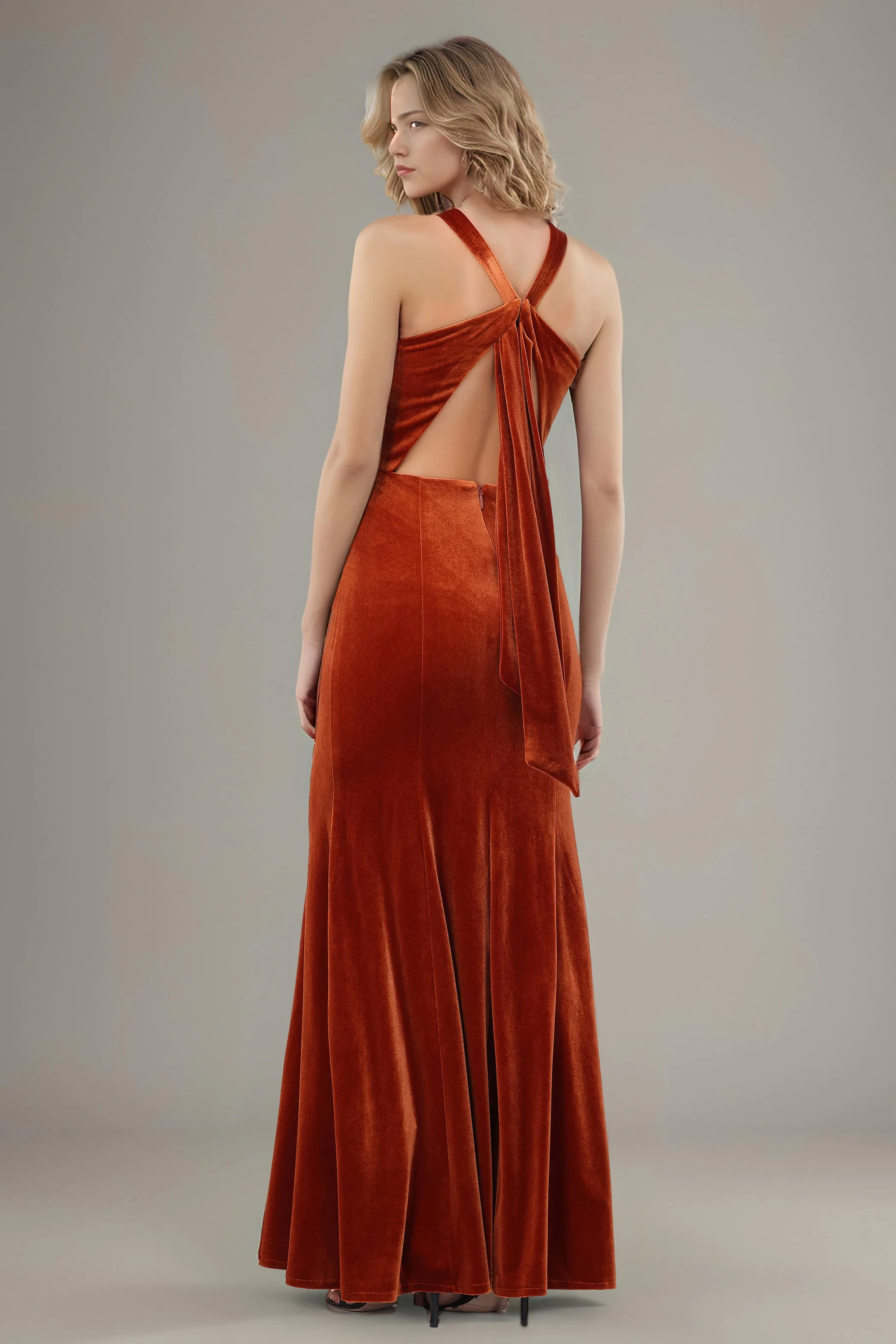 Sheath Halter Sleeveless Backless Velvet Bridesmaid Dresses