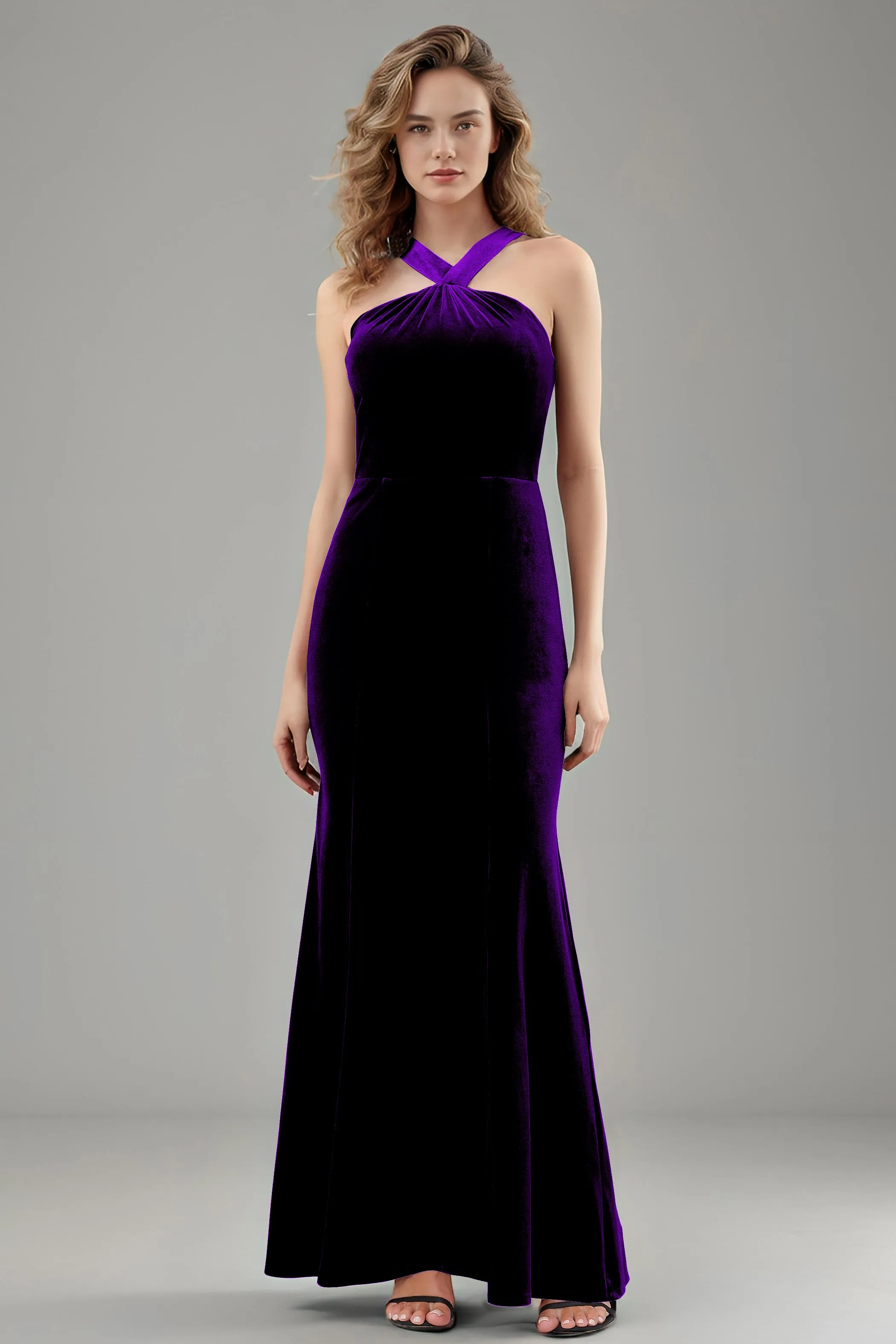 Sheath Halter Sleeveless Backless Velvet Bridesmaid Dresses