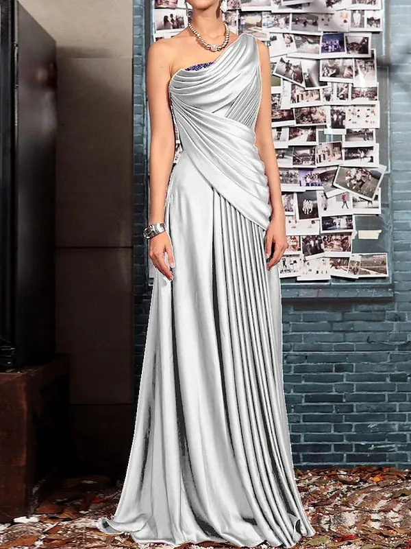 Sheath One Shoulder Mother of the Bride Dresses with Pleats Crystals Draping