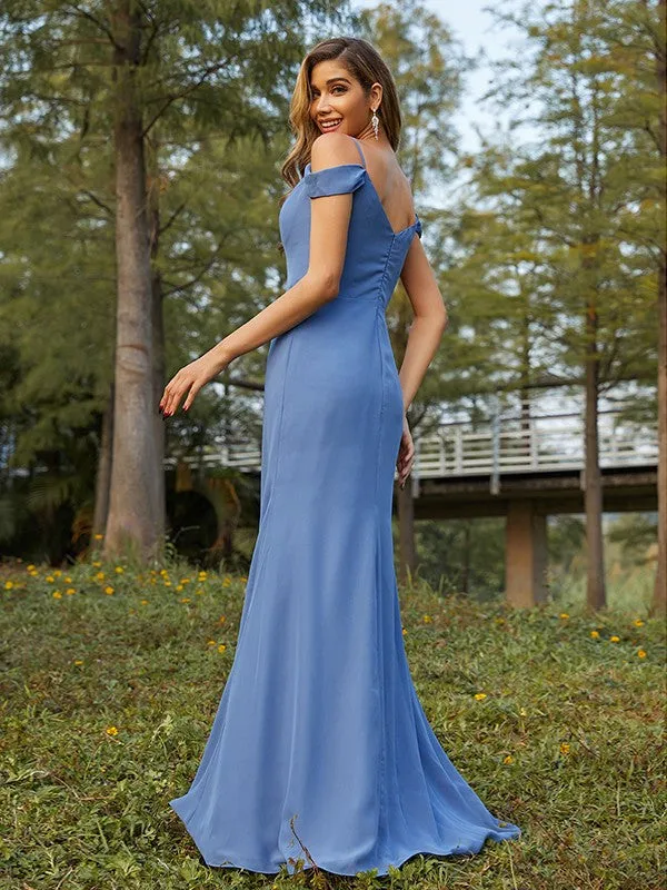 Sheath/Column Chiffon Ruched V-neck Sleeveless Floor-Length Bridesmaid Dresses