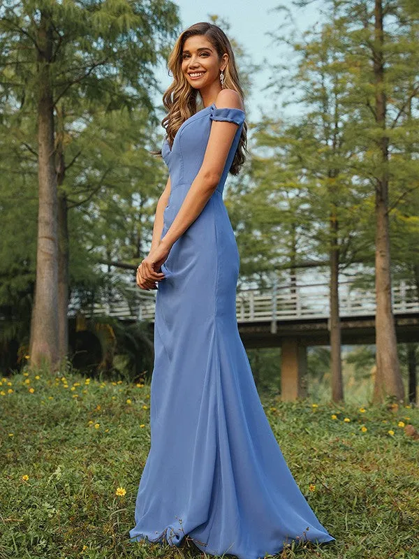 Sheath/Column Chiffon Ruched V-neck Sleeveless Floor-Length Bridesmaid Dresses