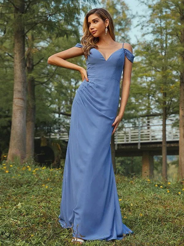 Sheath/Column Chiffon Ruched V-neck Sleeveless Floor-Length Bridesmaid Dresses