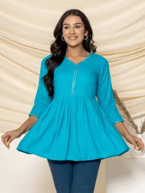 Solid Embroidered Peplum Top - Turquoise