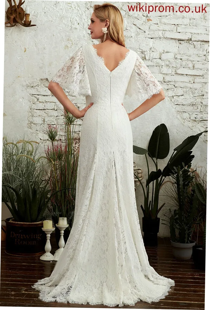 Split With Wedding Dresses Wedding Train Sweep Annalise V-neck Dress Sheath/Column Front