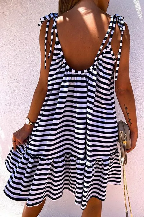 Stripe Ruffles Hem Backless Slip Dress