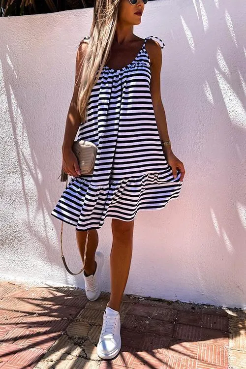 Stripe Ruffles Hem Backless Slip Dress