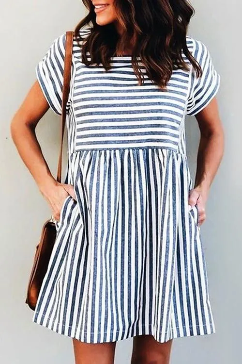 Stripe Short Sleeve Pocekts Mini Dress