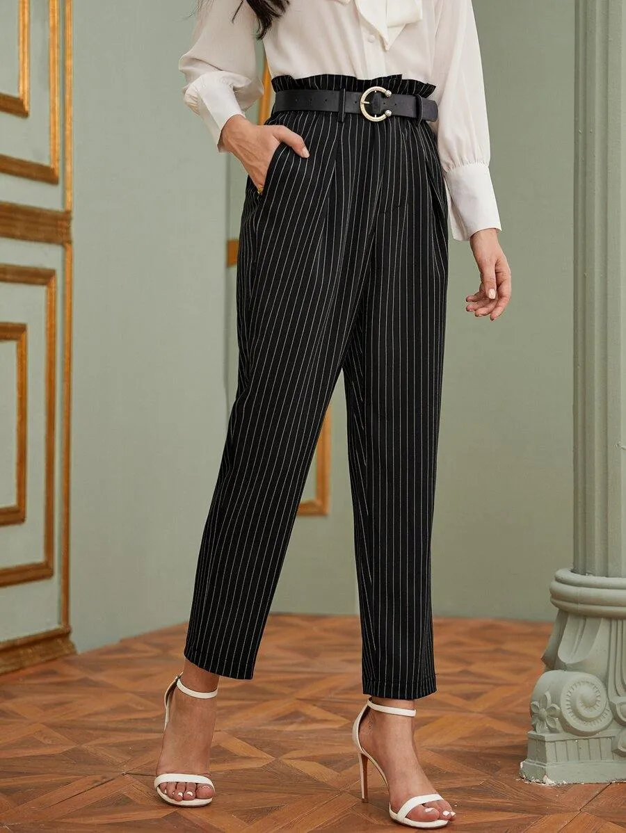 Striped Paperbag Waist Pants Without Belt