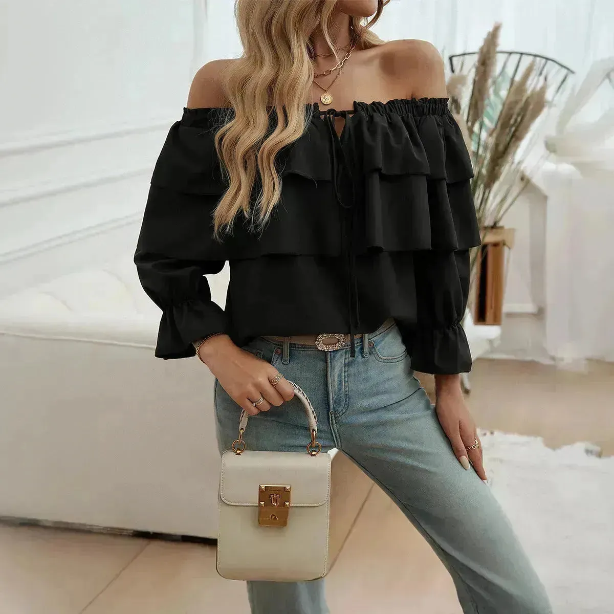 Stylish Casual Evening Top for Women Off-shoulder Bishop  Long Sleeve Top