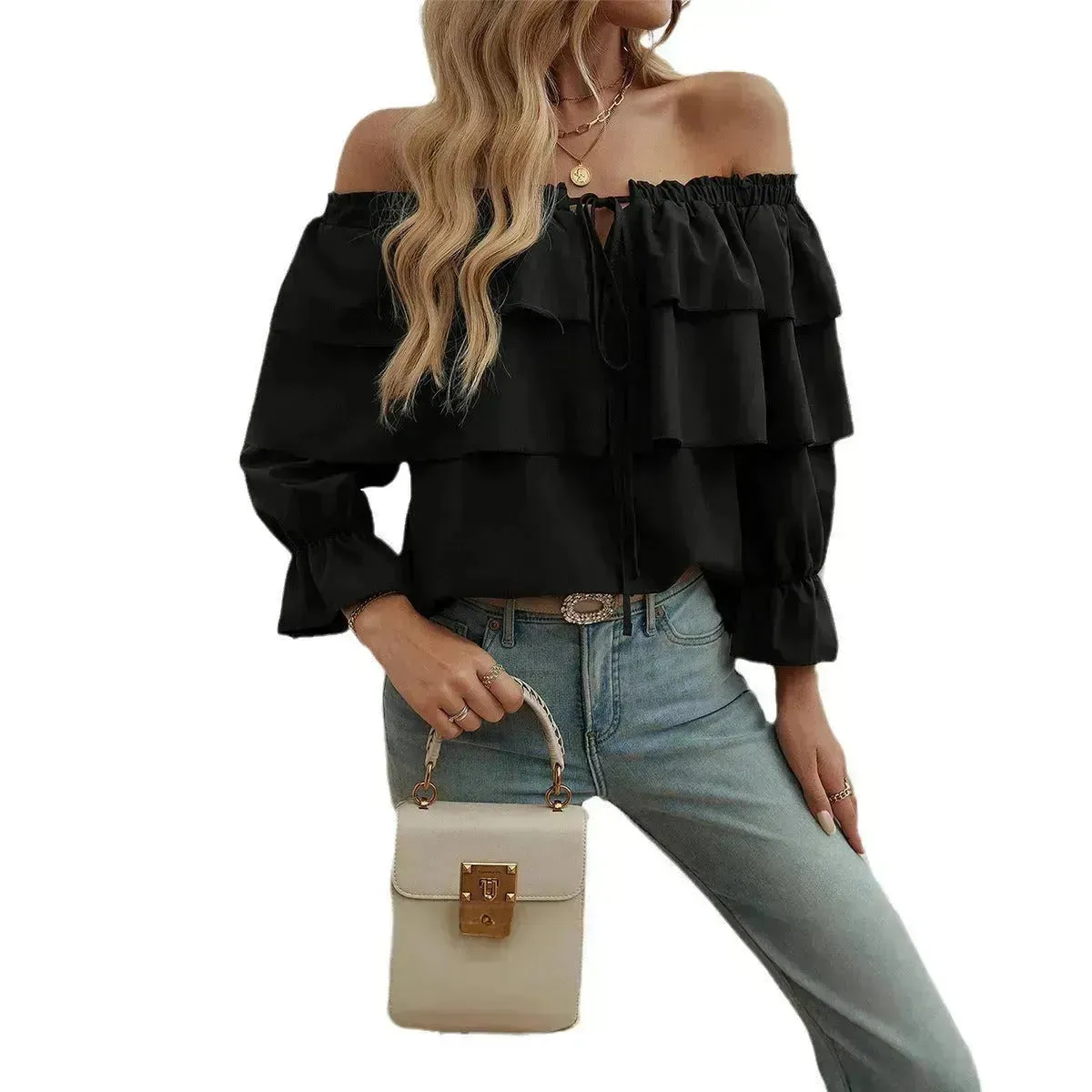 Stylish Casual Evening Top for Women Off-shoulder Bishop  Long Sleeve Top