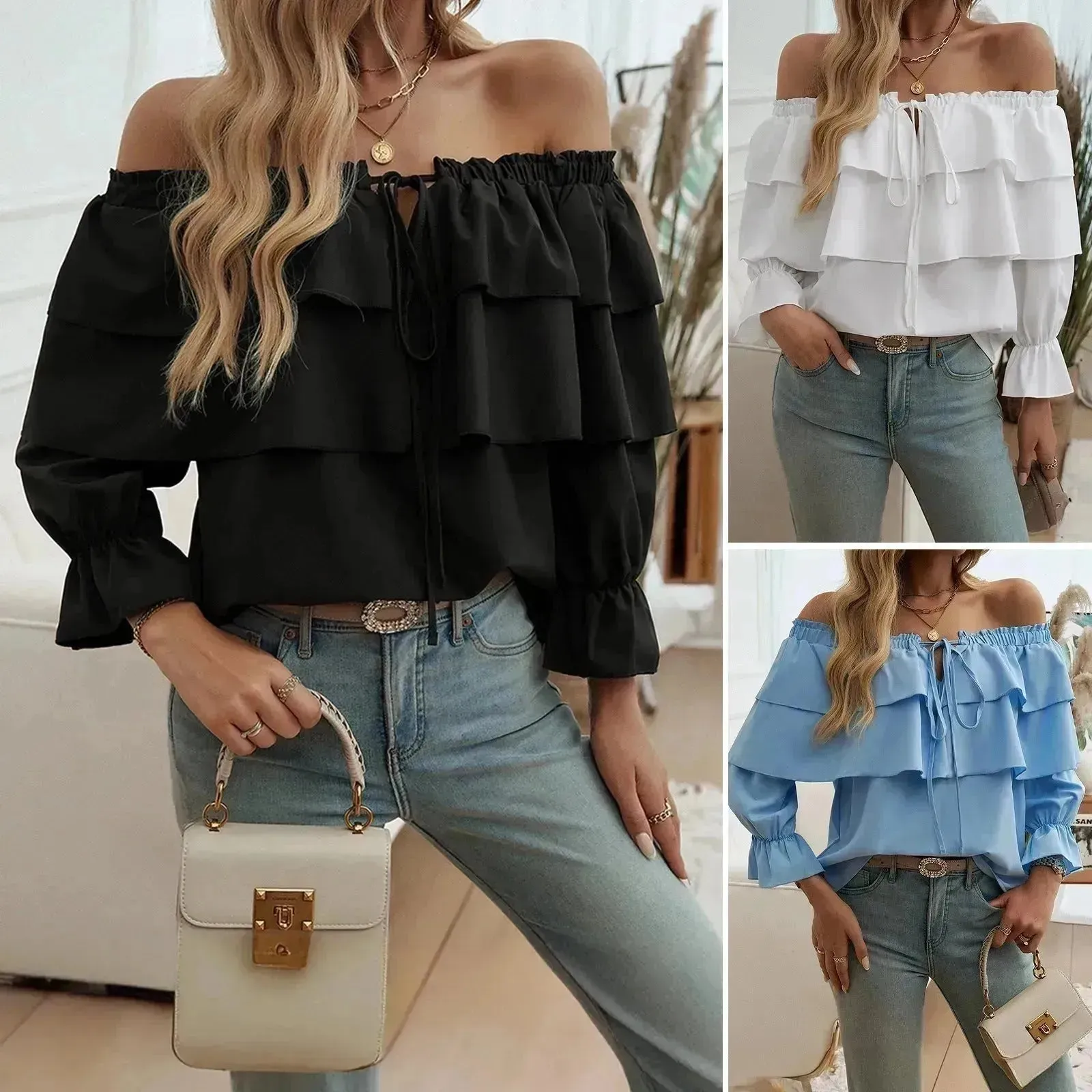 Stylish Casual Evening Top for Women Off-shoulder Bishop  Long Sleeve Top