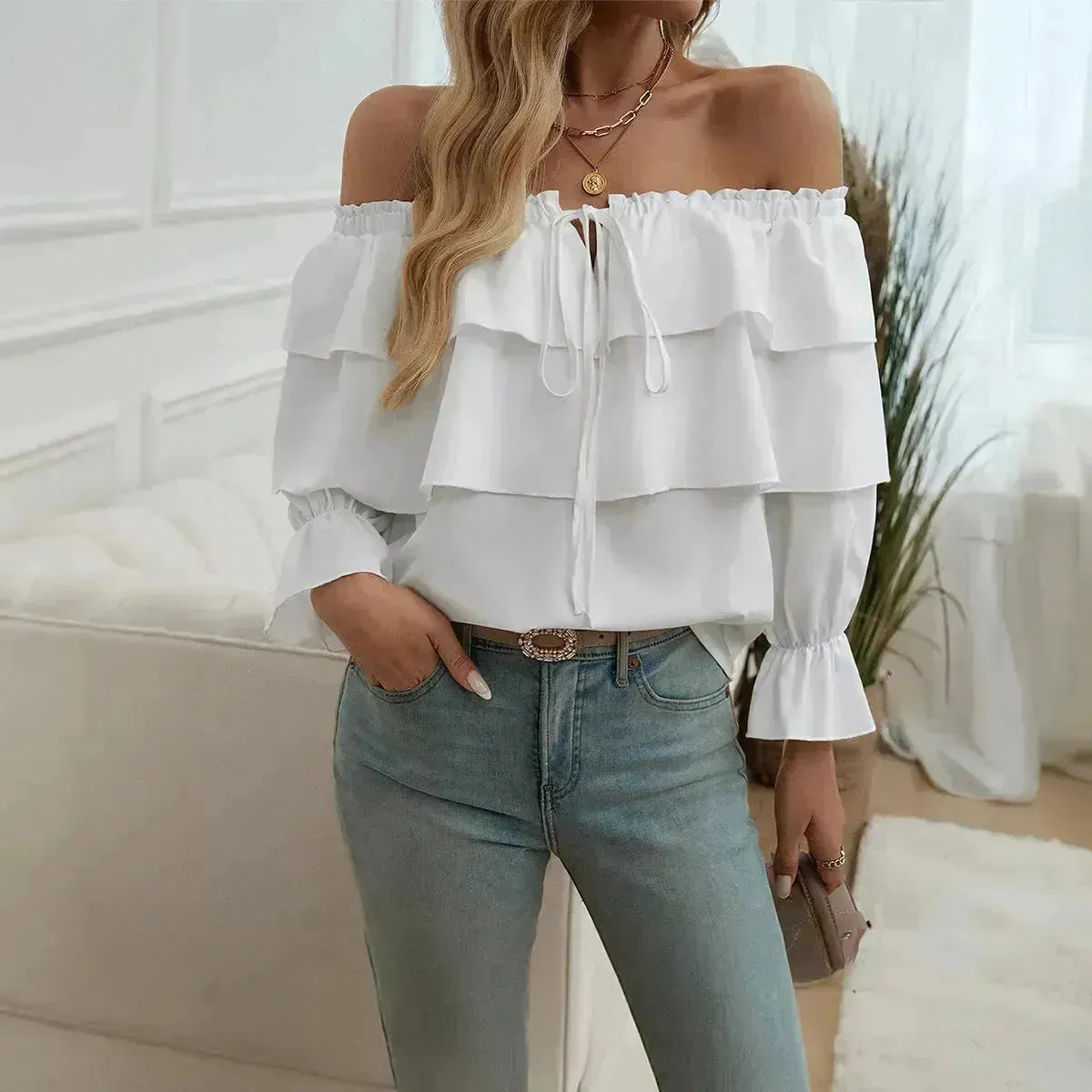 Stylish Casual Evening Top for Women Off-shoulder Bishop  Long Sleeve Top