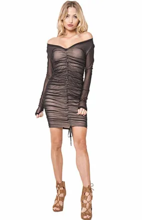 THE MYSTYLEMODE BLACK OFF THE SHOULDER RUCHED MESH MINI DRESS