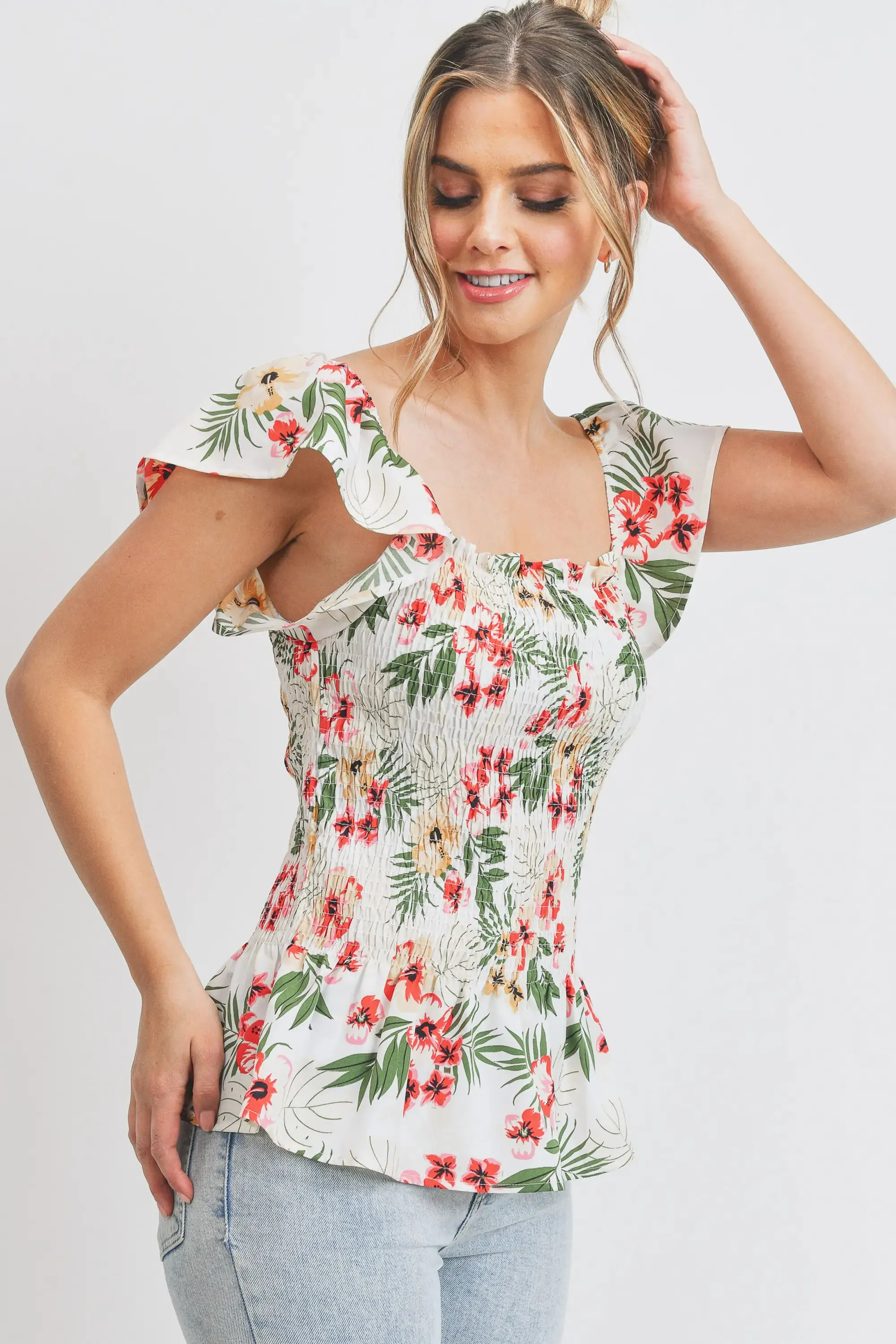 Tropical Print Smocked Peplum Top