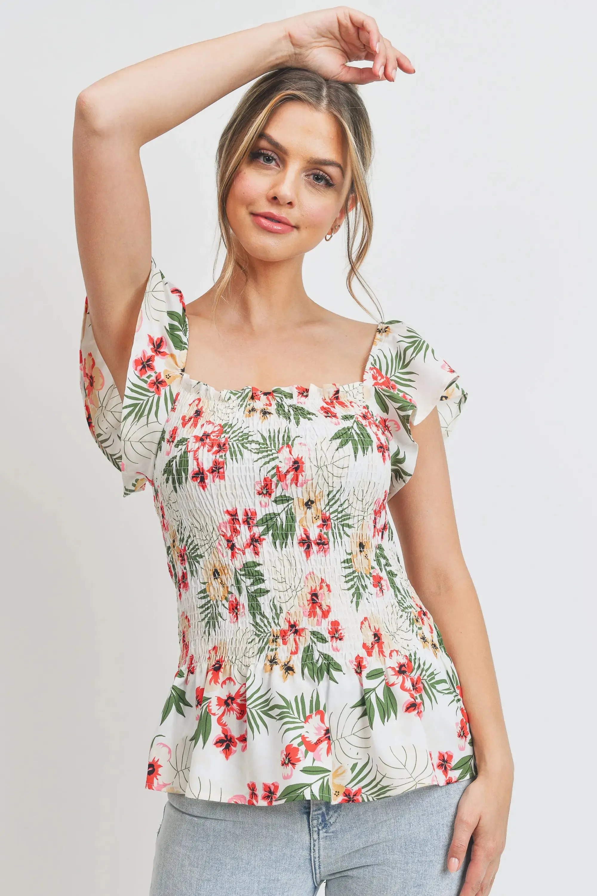 Tropical Print Smocked Peplum Top