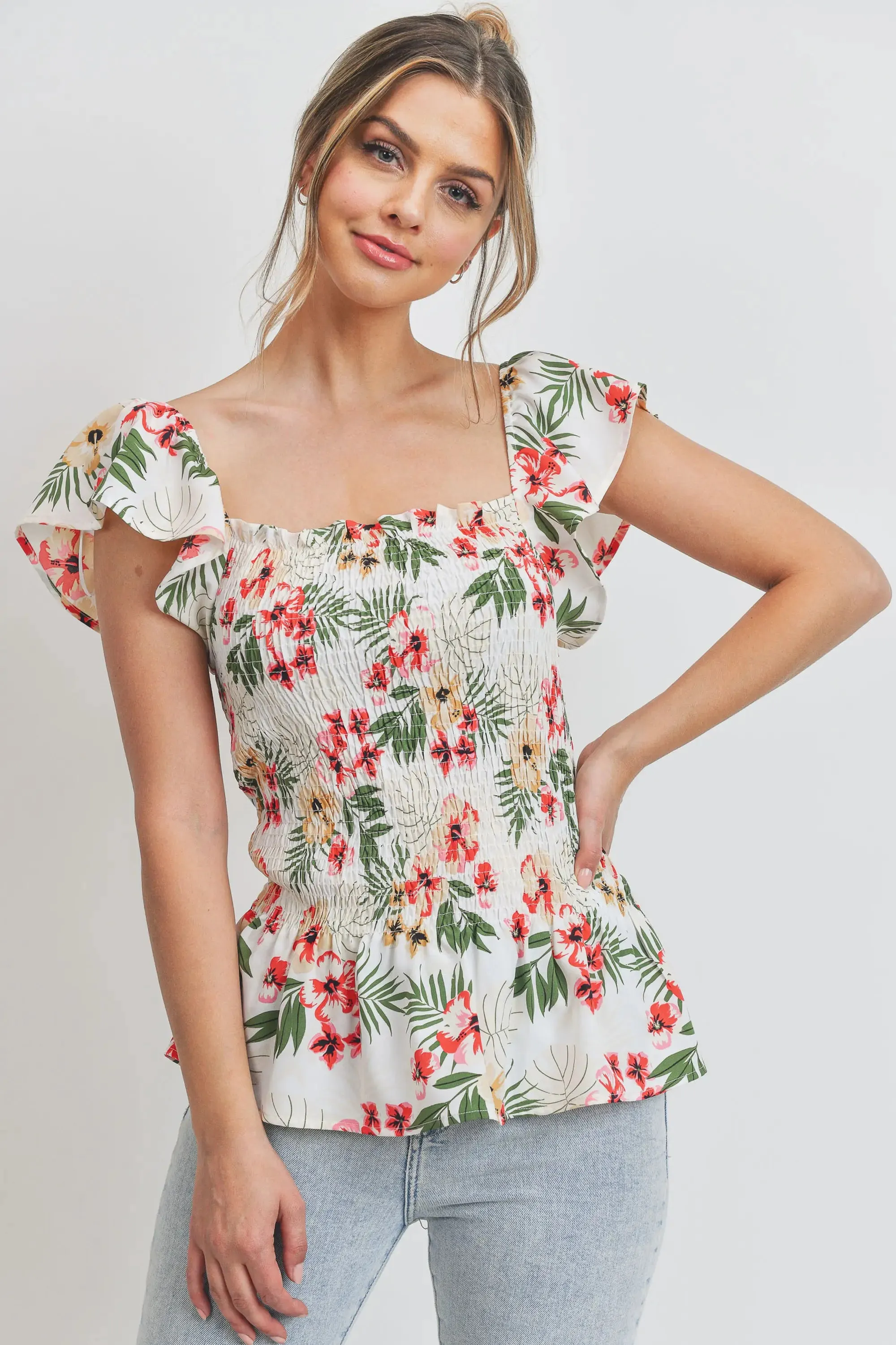 Tropical Print Smocked Peplum Top