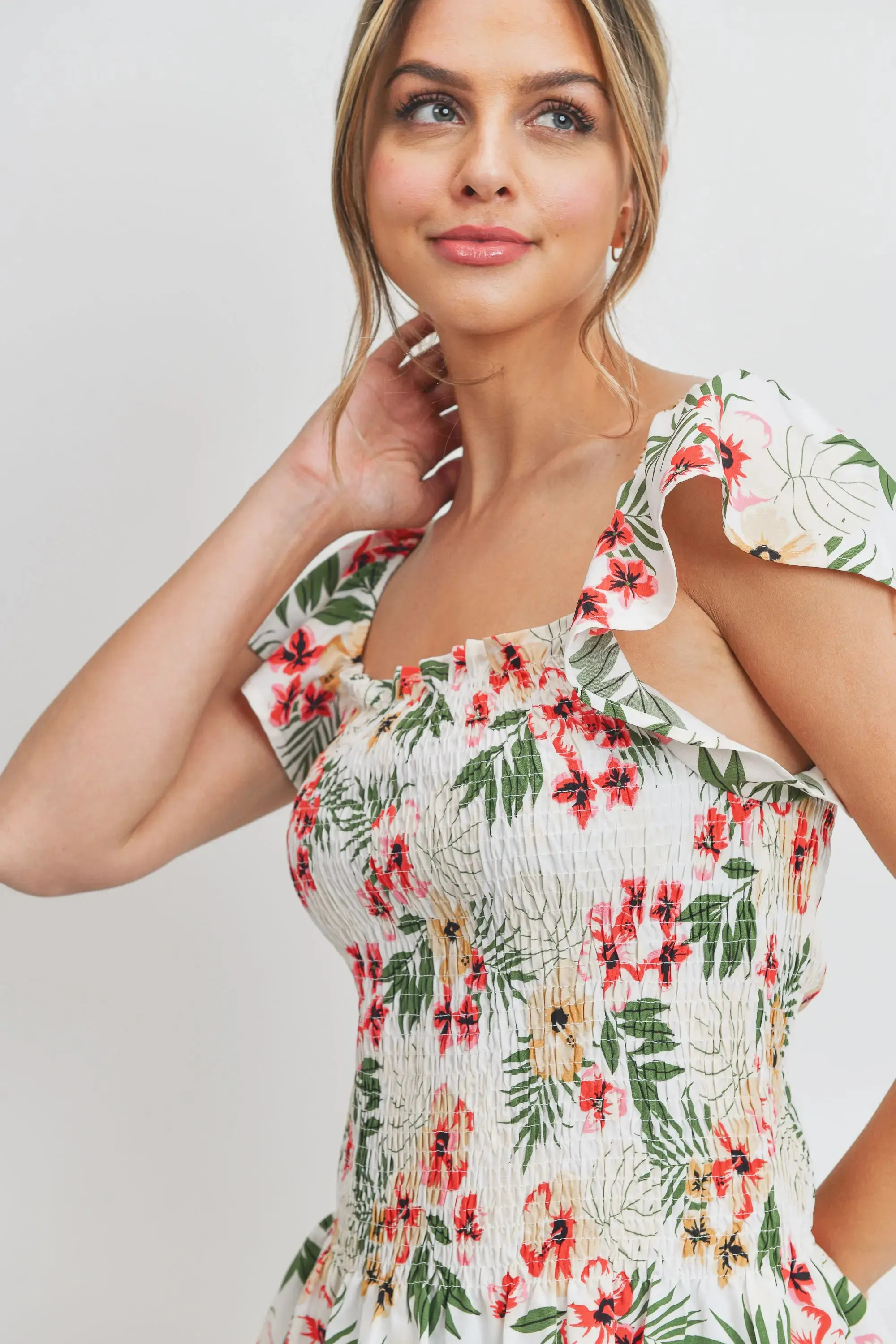 Tropical Print Smocked Peplum Top