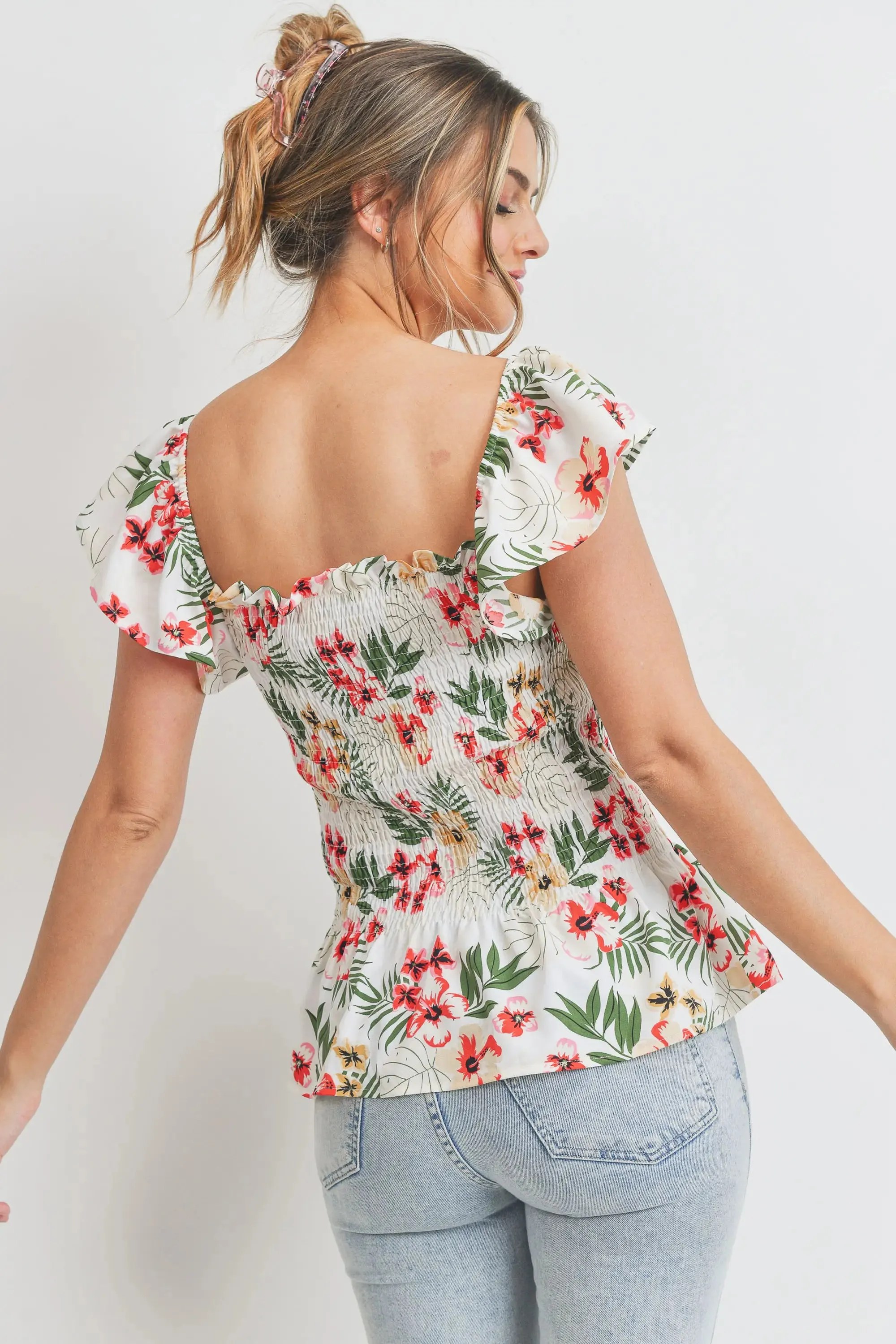 Tropical Print Smocked Peplum Top