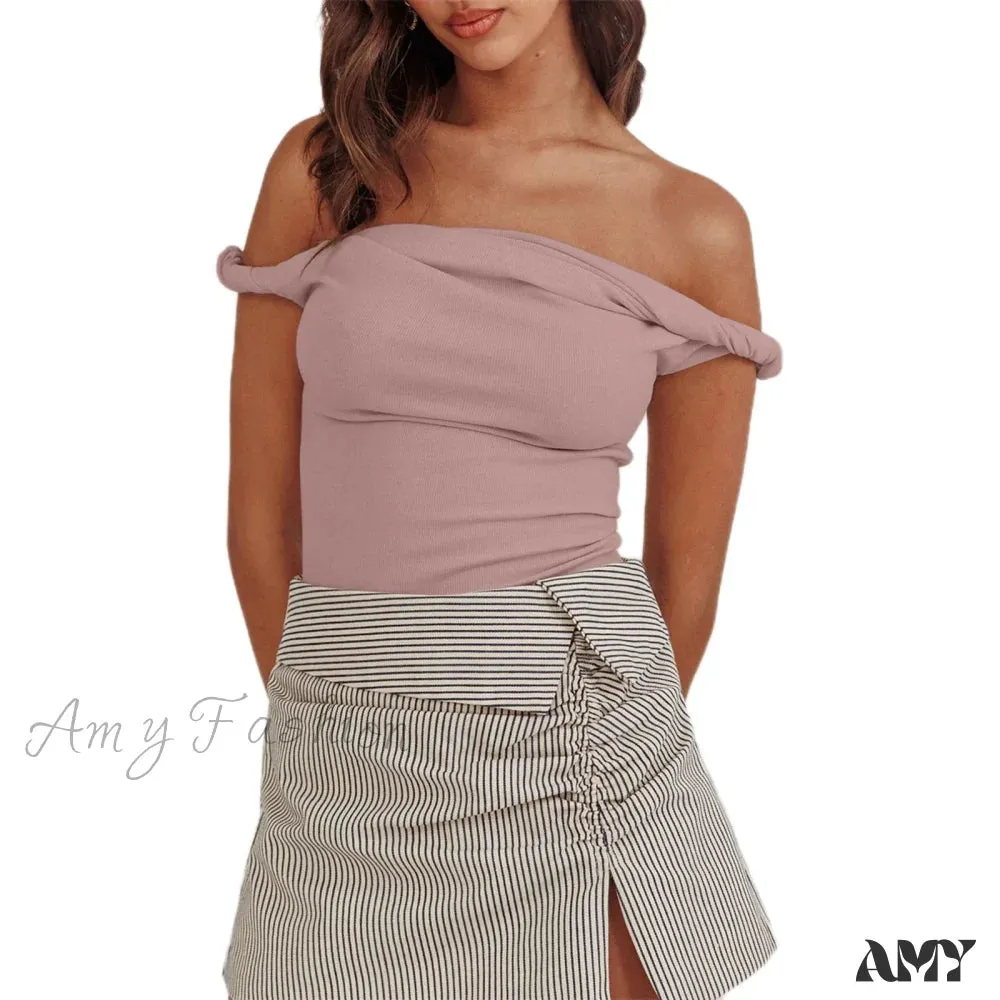 Twisted Off Shoulder Cotton Solid Color Elegant Slim Fit Crop Top