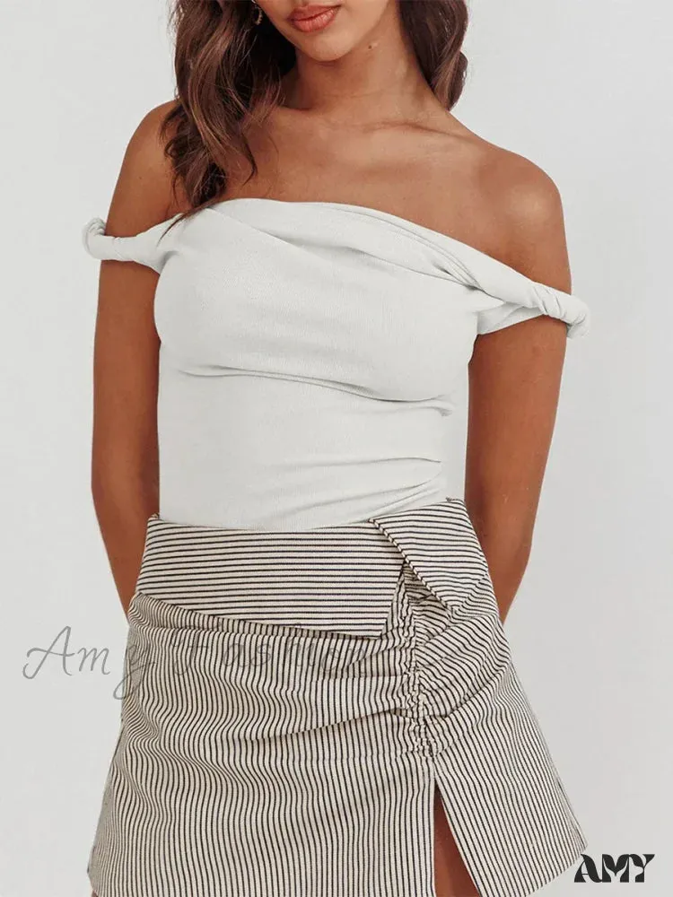 Twisted Off Shoulder Cotton Solid Color Elegant Slim Fit Crop Top