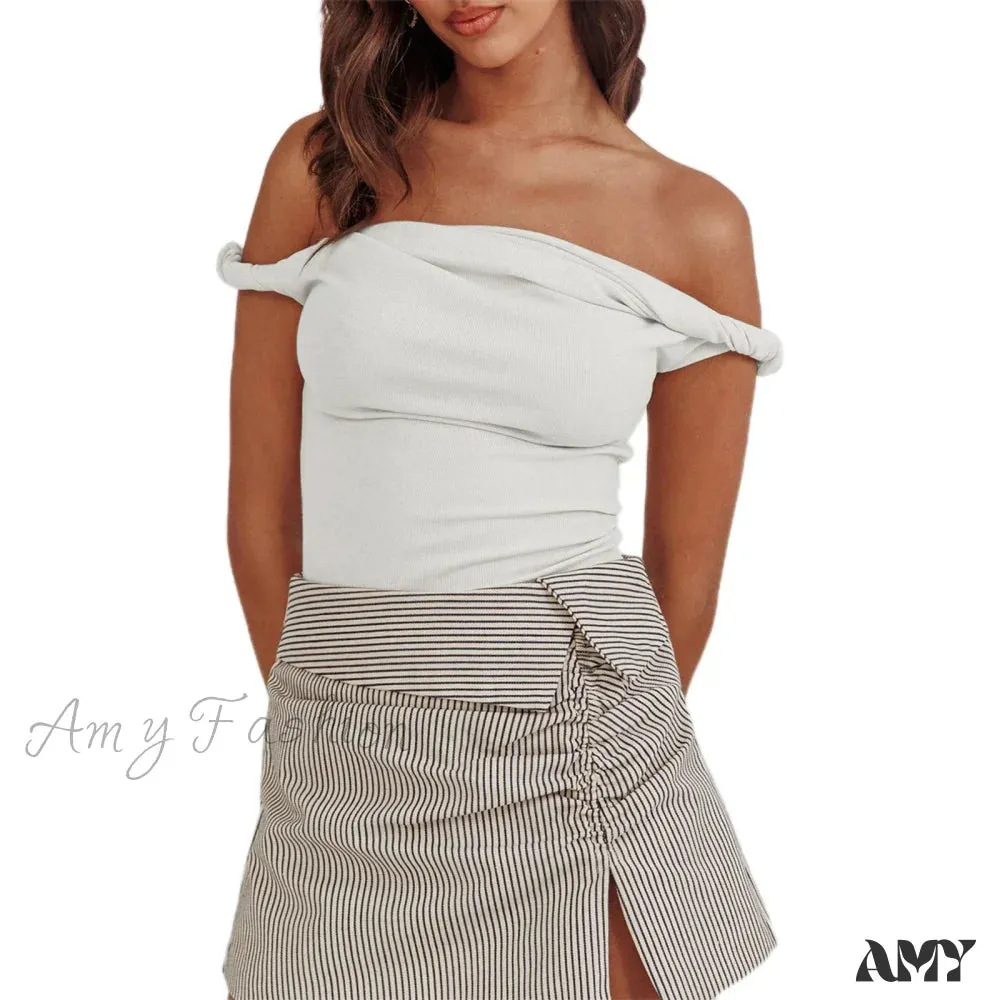 Twisted Off Shoulder Cotton Solid Color Elegant Slim Fit Crop Top