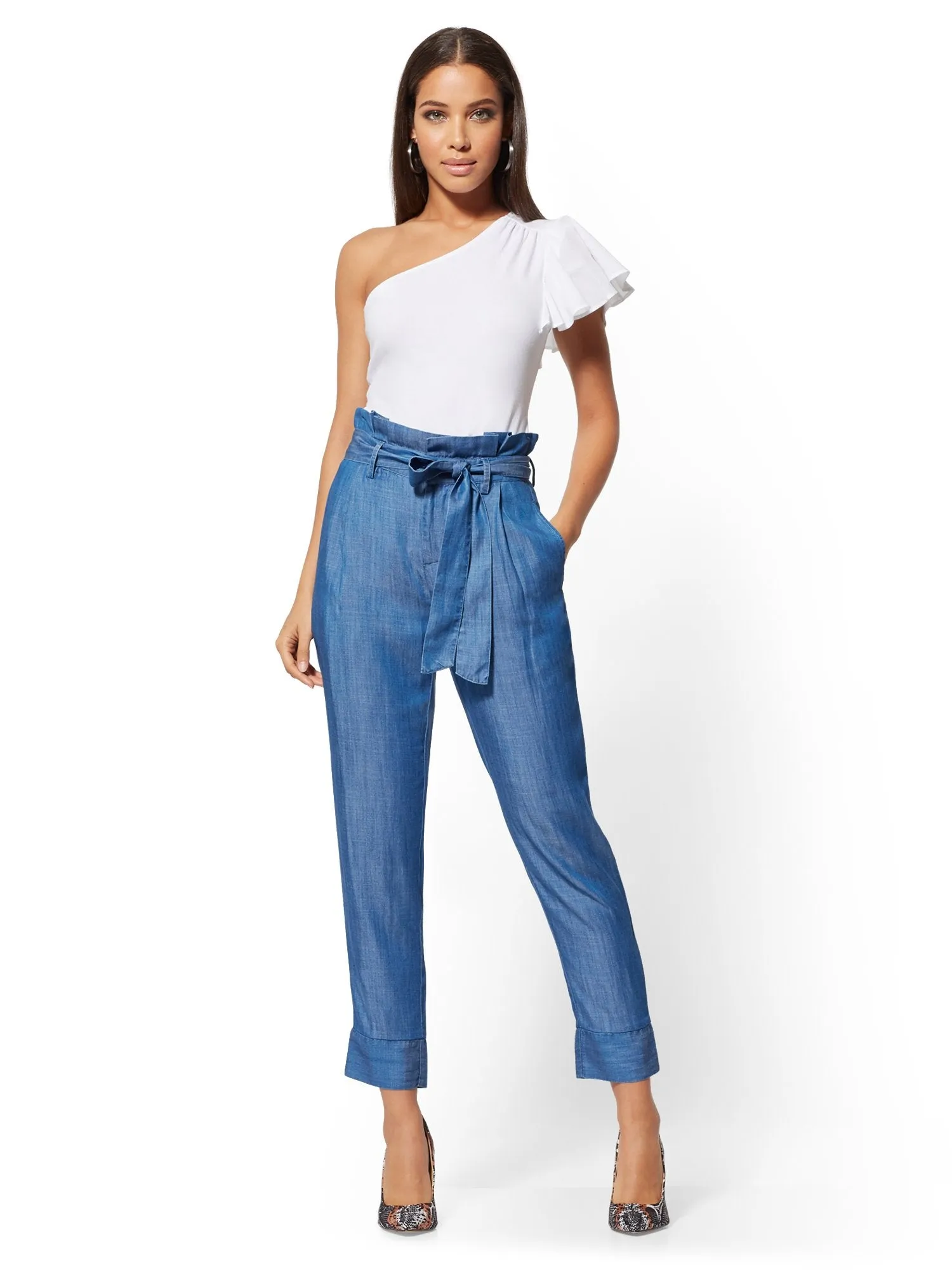 Ultra-Soft Chambray Paperbag-Waist Pant - Velvety Blue